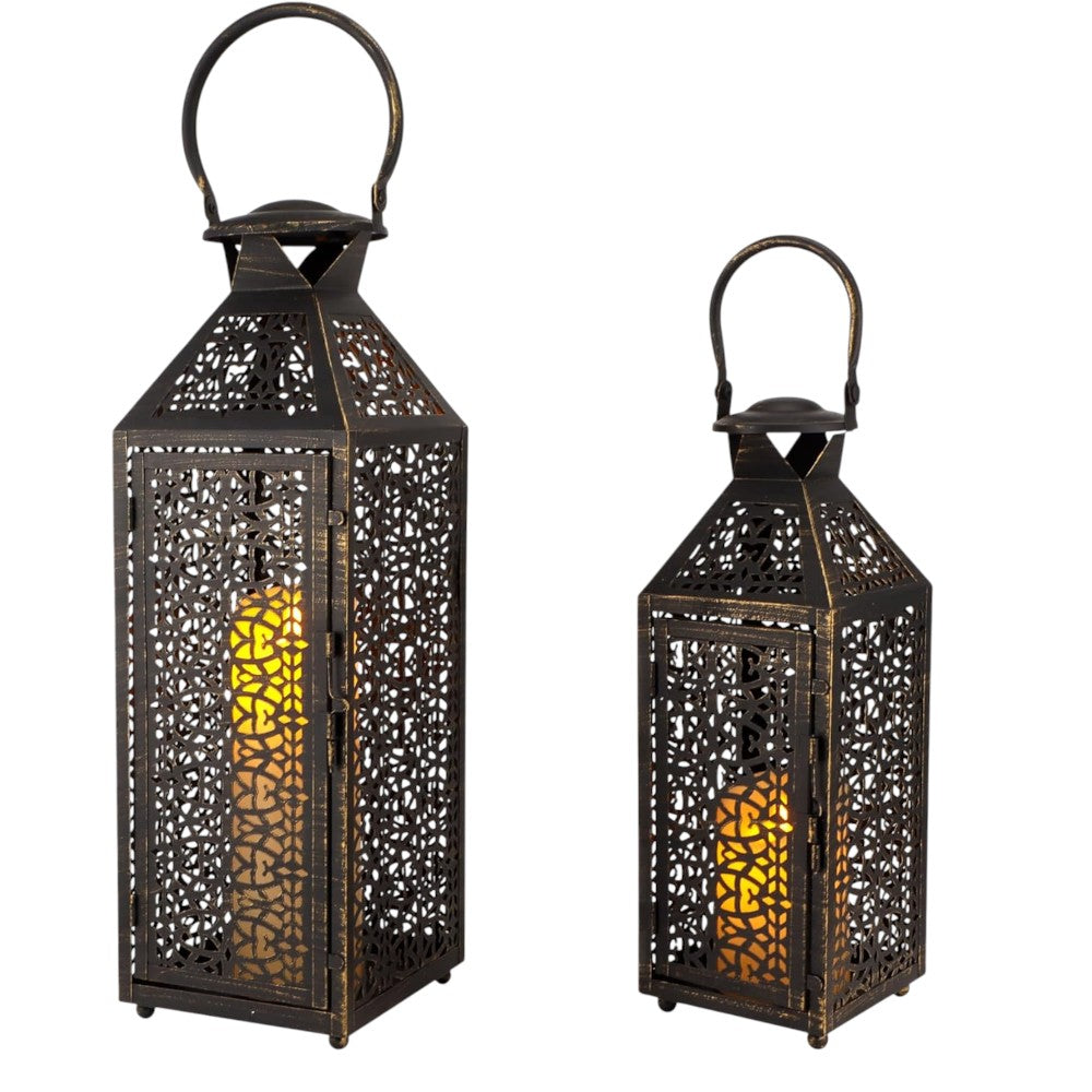 Set of Two Black Filigree Metal Tabletop Lantern Candle Holders