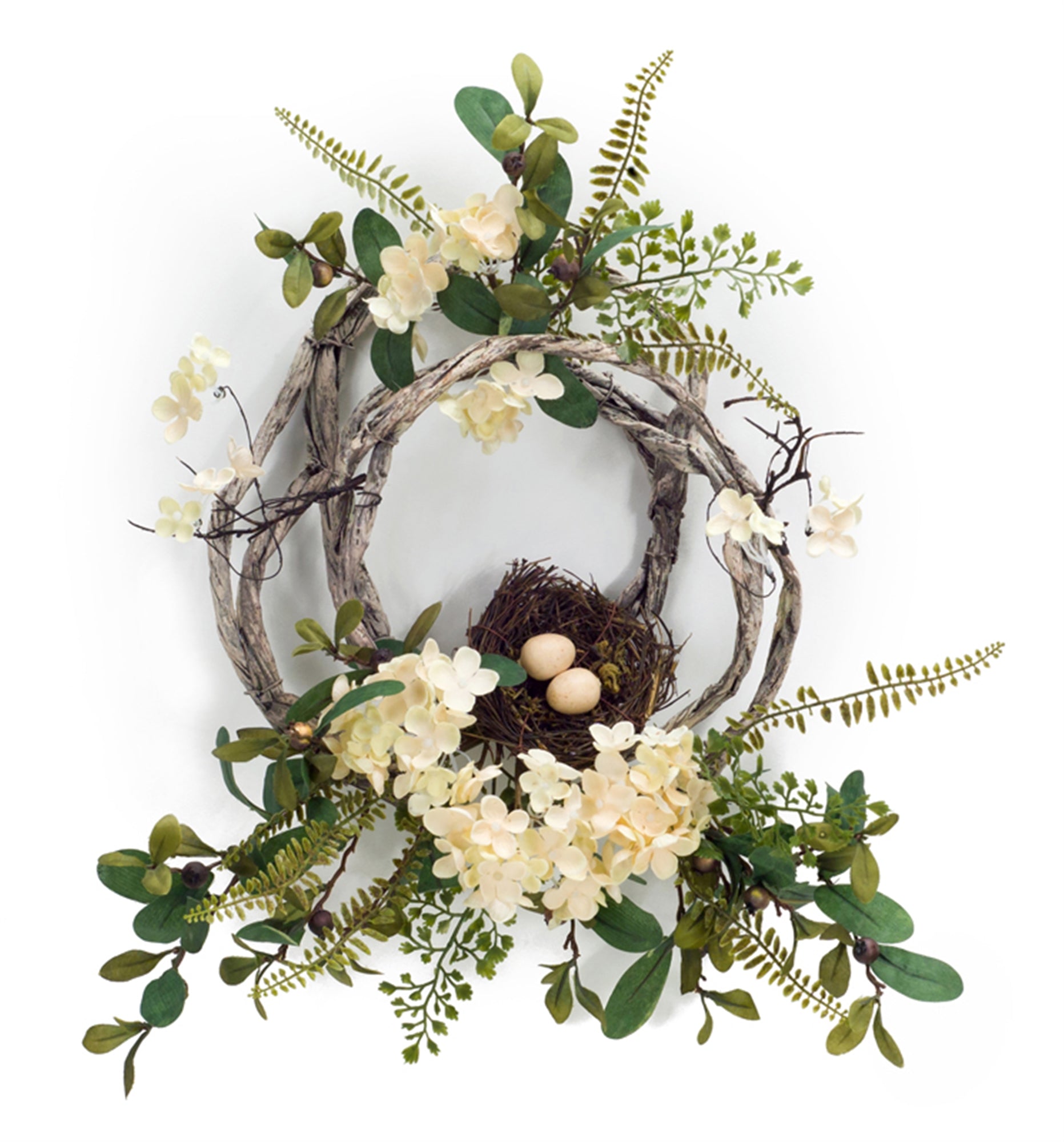 Woven Grapevine Wreath with Hydrangea and Bird Nest Accents