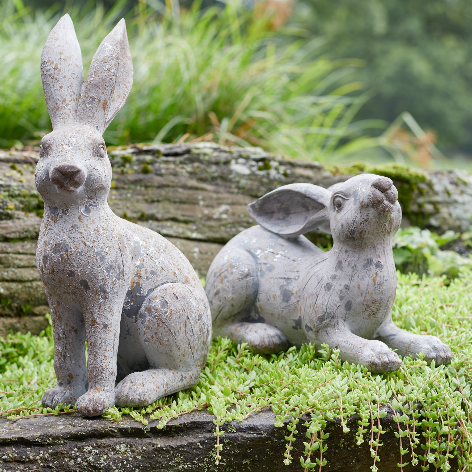 Weathered Stone Garden Rabbit Figurine Set of 2 SpadezStore