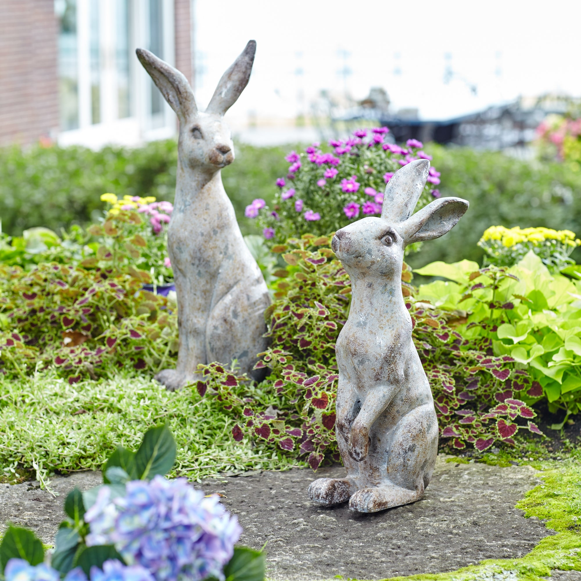 Weathered Stone Standing Garden Rabbit Figurine Set of 2 SpadezStore