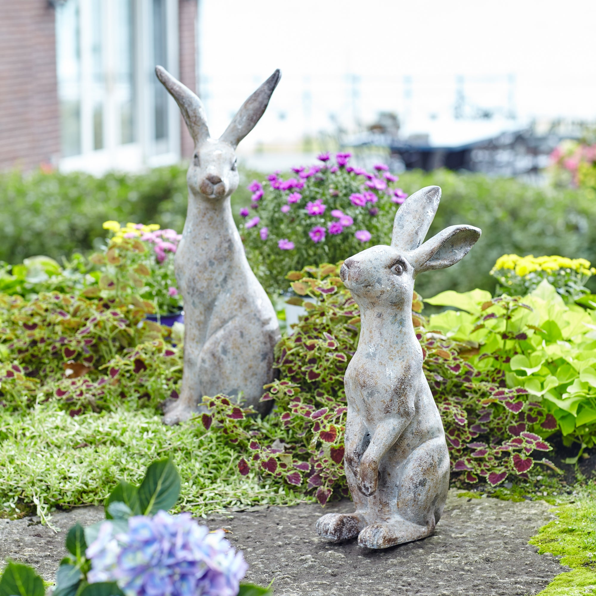 Weathered Stone Standing Garden Rabbit Figurine Set of 2 SpadezStore