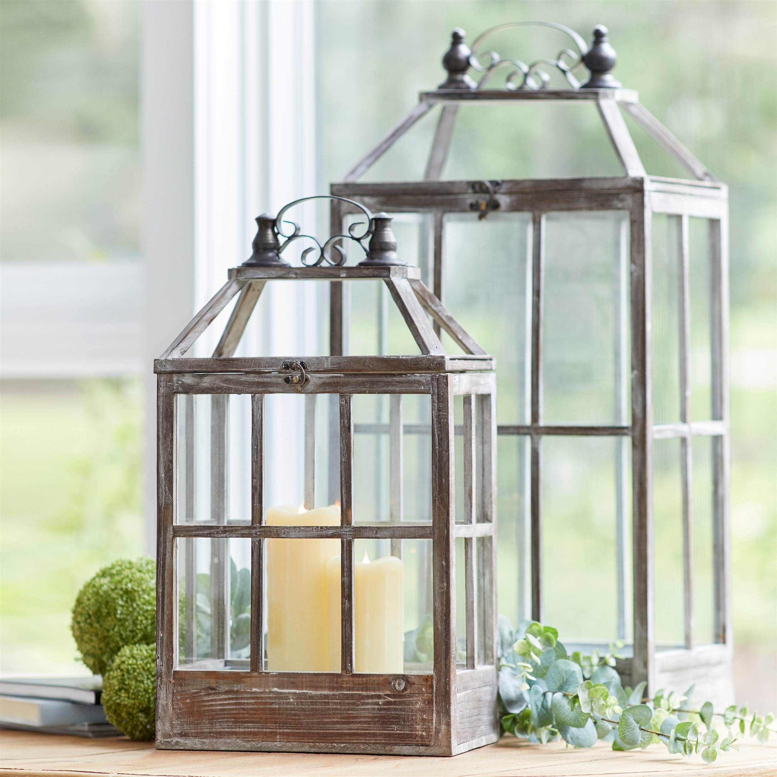 White Washed Wood Lantern with Ornate Metal Set of 2 SpadezStore