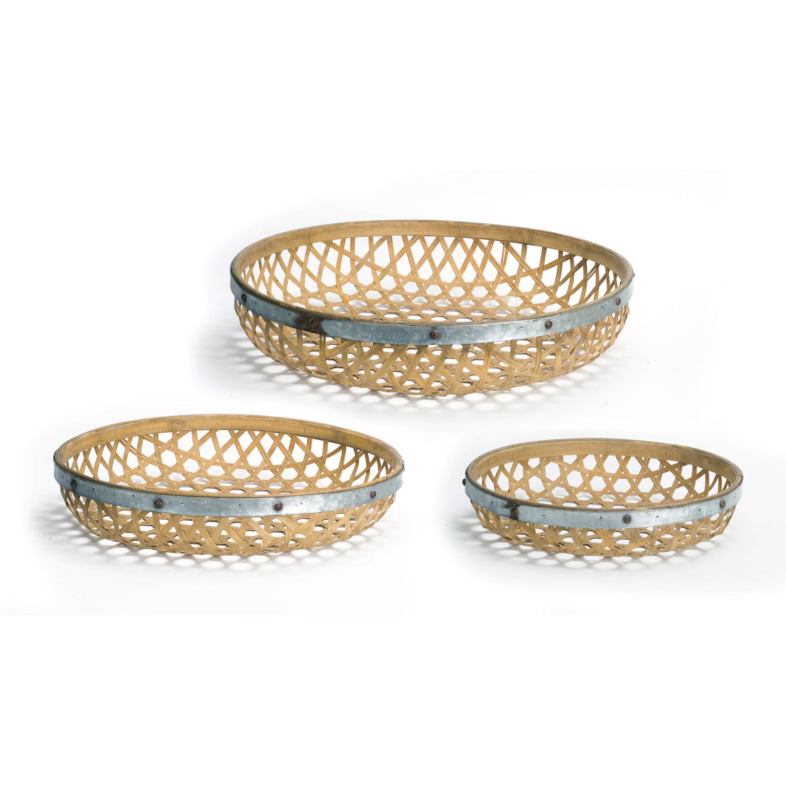 Round Woven Bamboo Tray with Galvanized Metal Accent