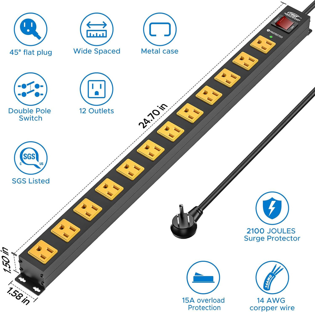 CRST 12 Outlets 2100 Joules Heavy Duty Metal Power Strip Surge Protector, 6FT Extension Power Cord, 15A Circuit Breaker, Mountable SpadezStore