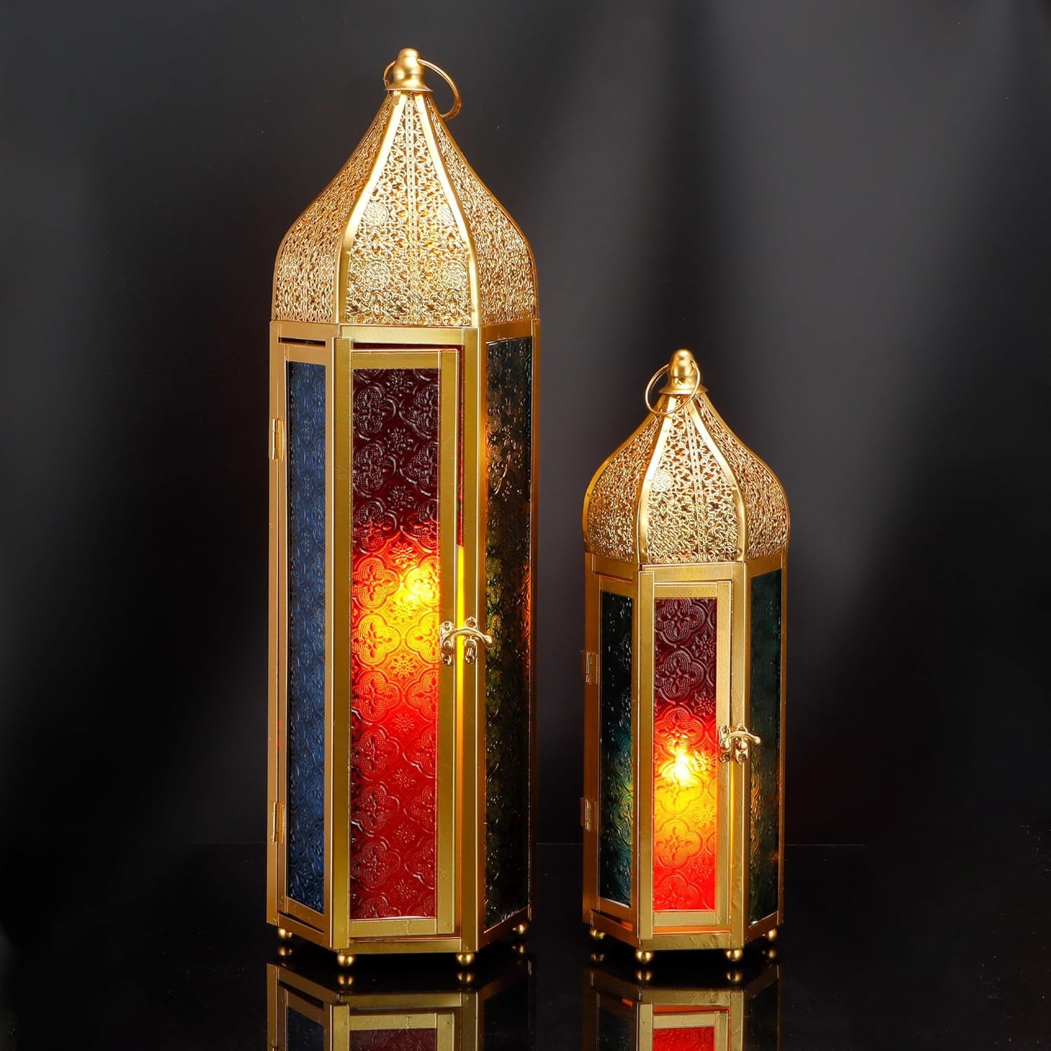 Set of Two Gold Glass Floor Candelabra Candle Holders