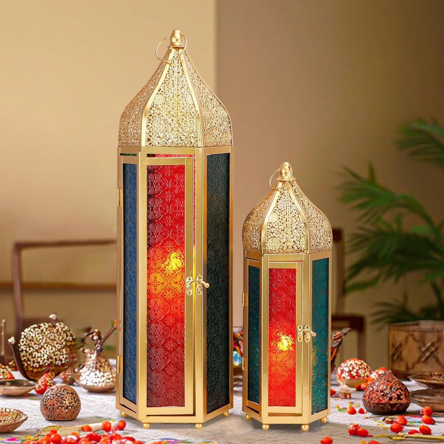 Set of Two Gold Glass Floor Candelabra Candle Holders