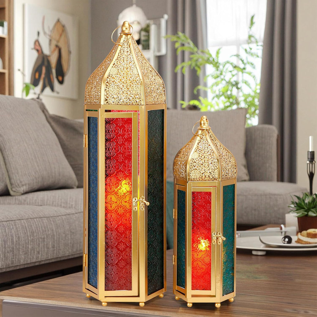 Set of Two Gold Glass Floor Candelabra Candle Holders