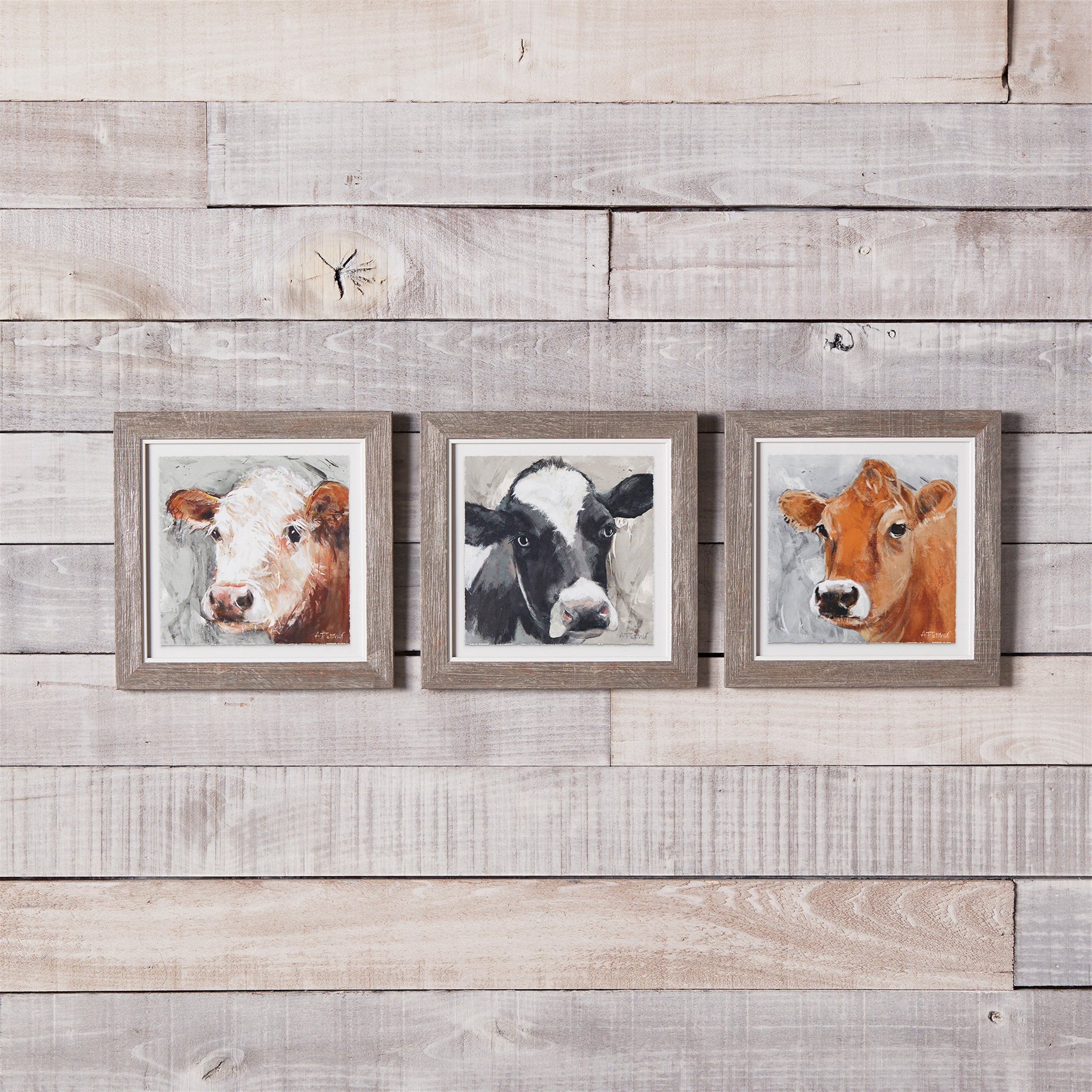 Wood Framed Cow Print Under Glass Set of 3 SpadezStore