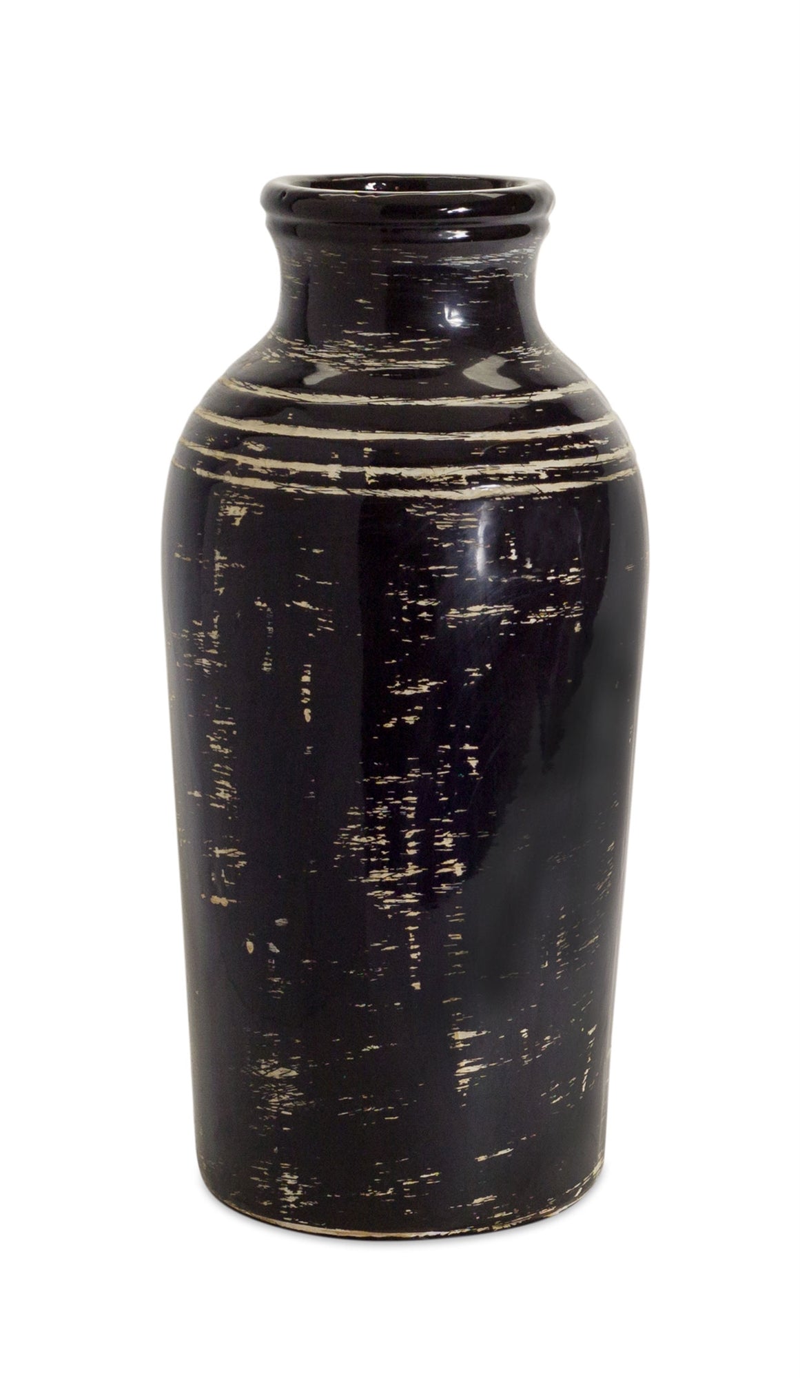 Distressed Black Ceramic Vase with Ivory Accent