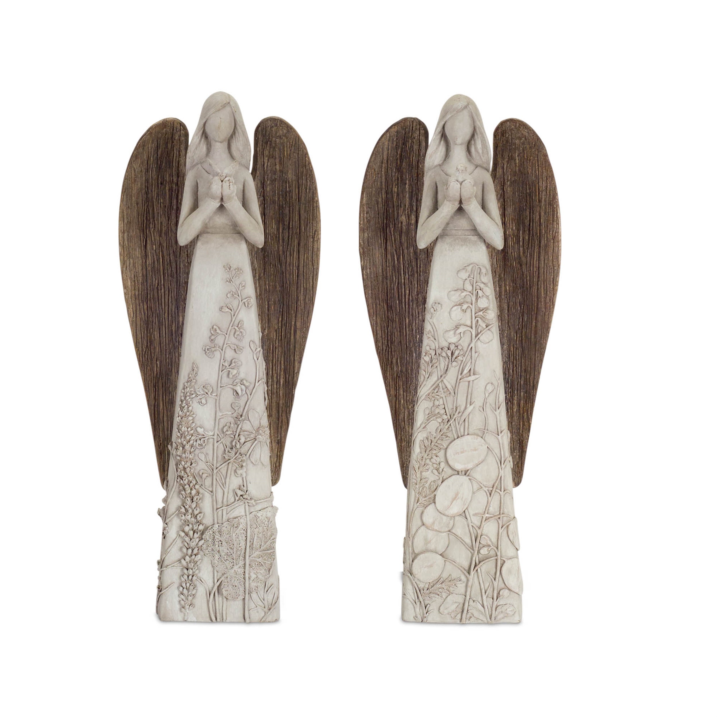 Floral Sculpted Angel with Wood Style Wings Set of 2 SpadezStore