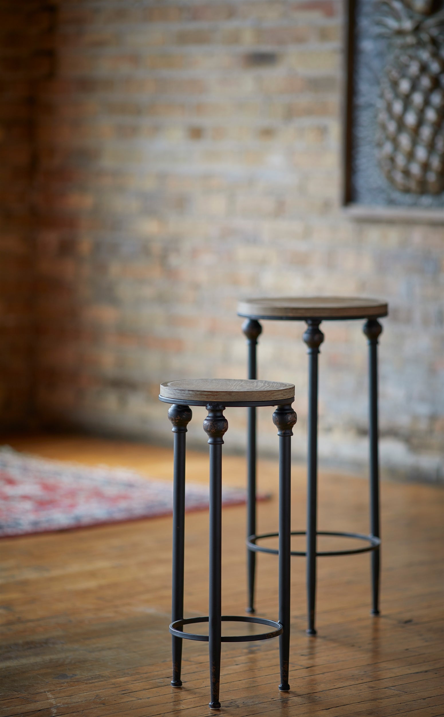 Round Wood and Metal Plant Stand Table (Set of 2) - Thumbnail 2