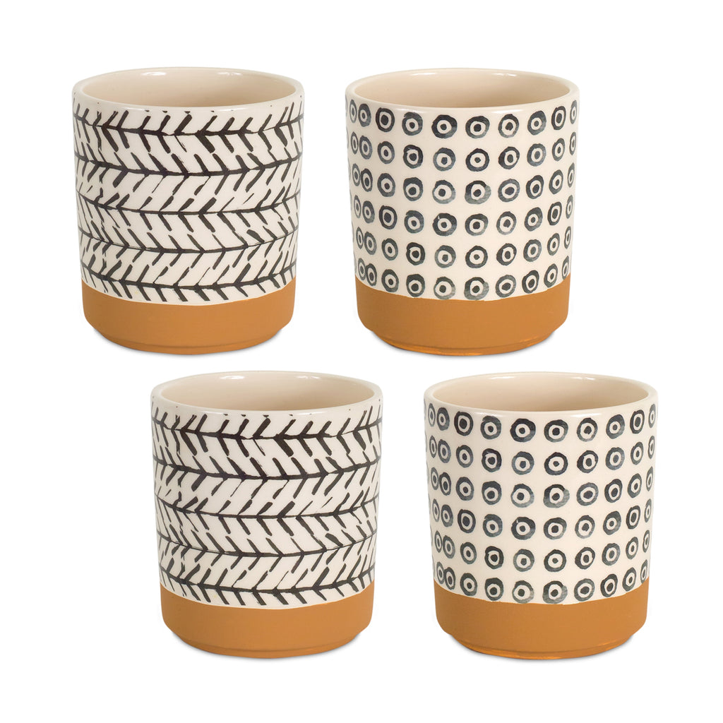 Geometric Patterned Pot with Terra Cotta Accent Set of 4 SpadezStore