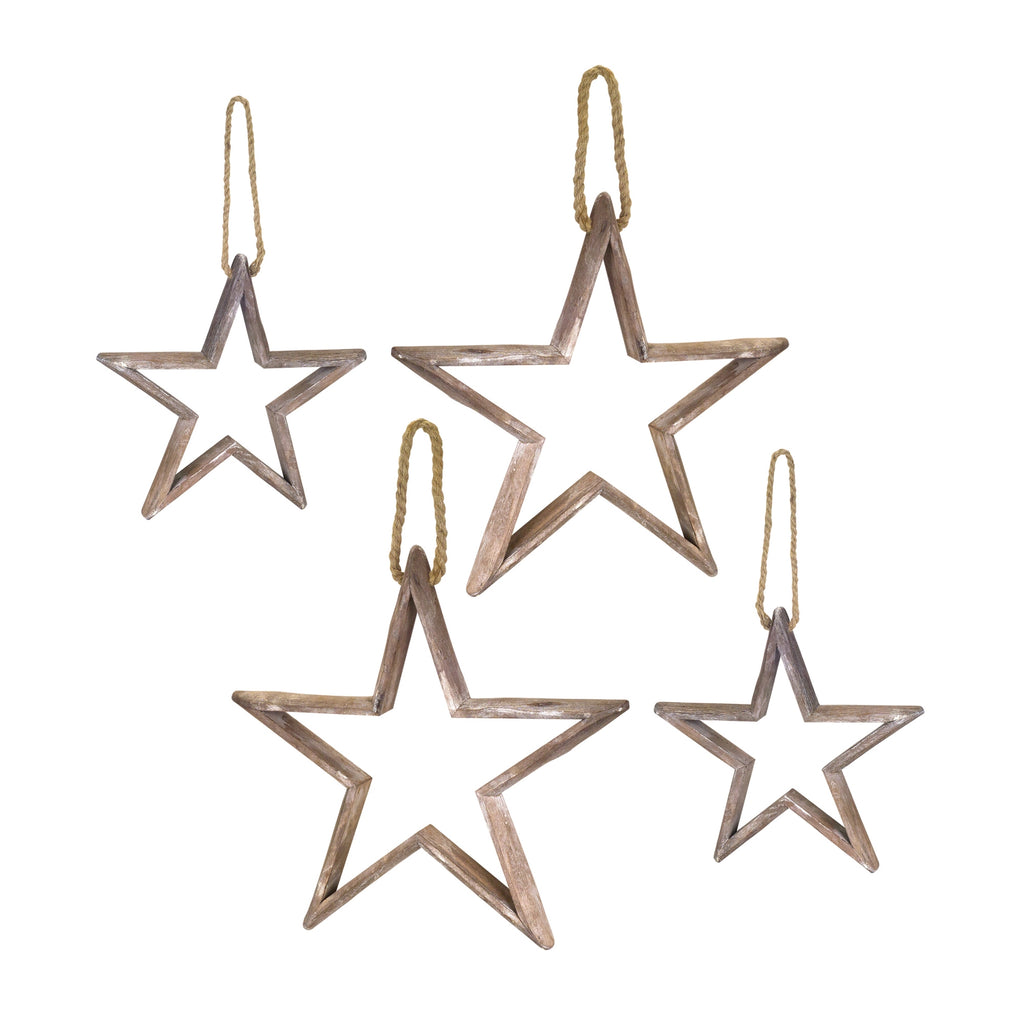 Natural Wooden Star Ornament with Jute Hanger Set of 4 SpadezStore