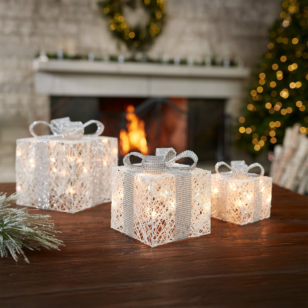 LED Lighted Presents with Silver Bow Ties Set of 3 SpadezStore