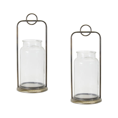 Antique Metal Candle Holder with Glass Jar Set of 2 SpadezStore