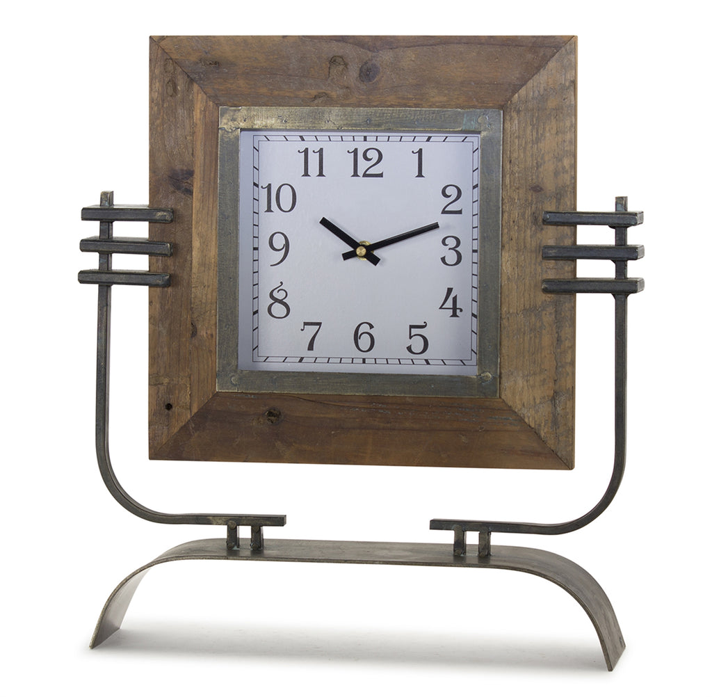 Wood Square Clock on Rustic Metal Stand 17.5"H SpadezStore