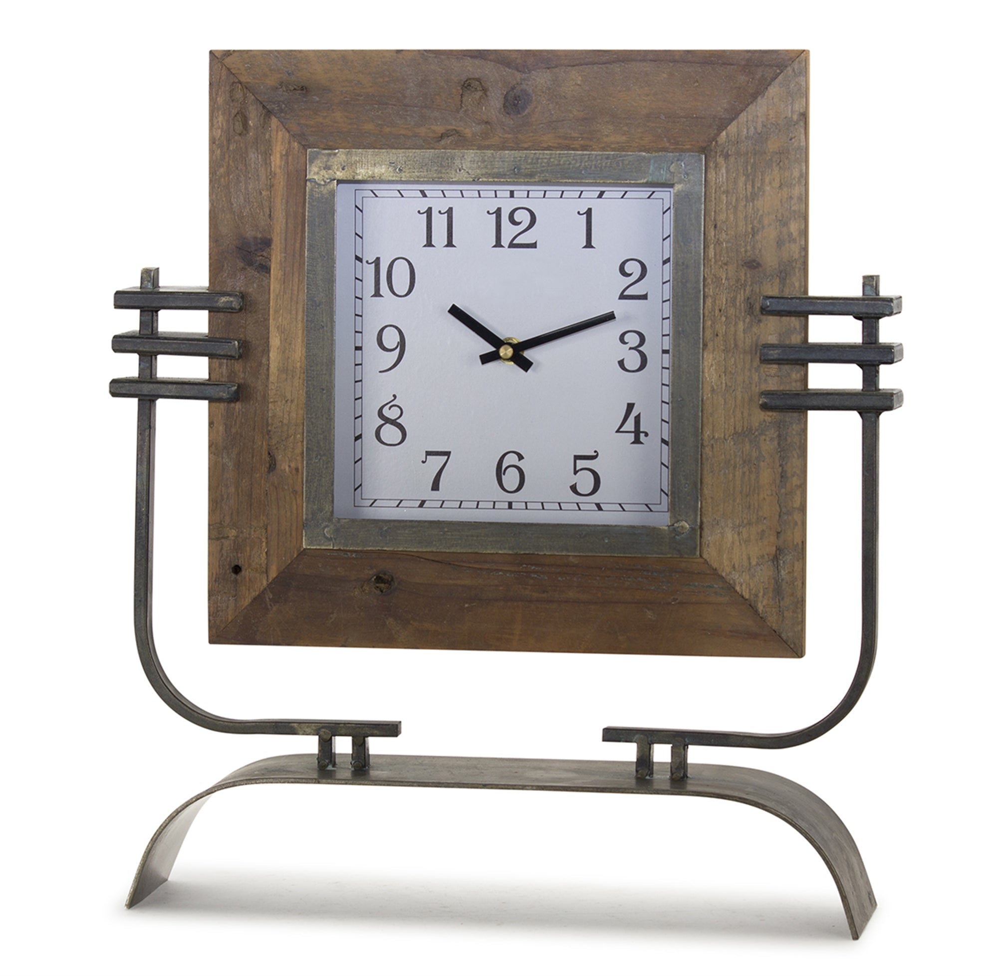 Wood Square Clock on Rustic Metal Stand 17.5"H SpadezStore