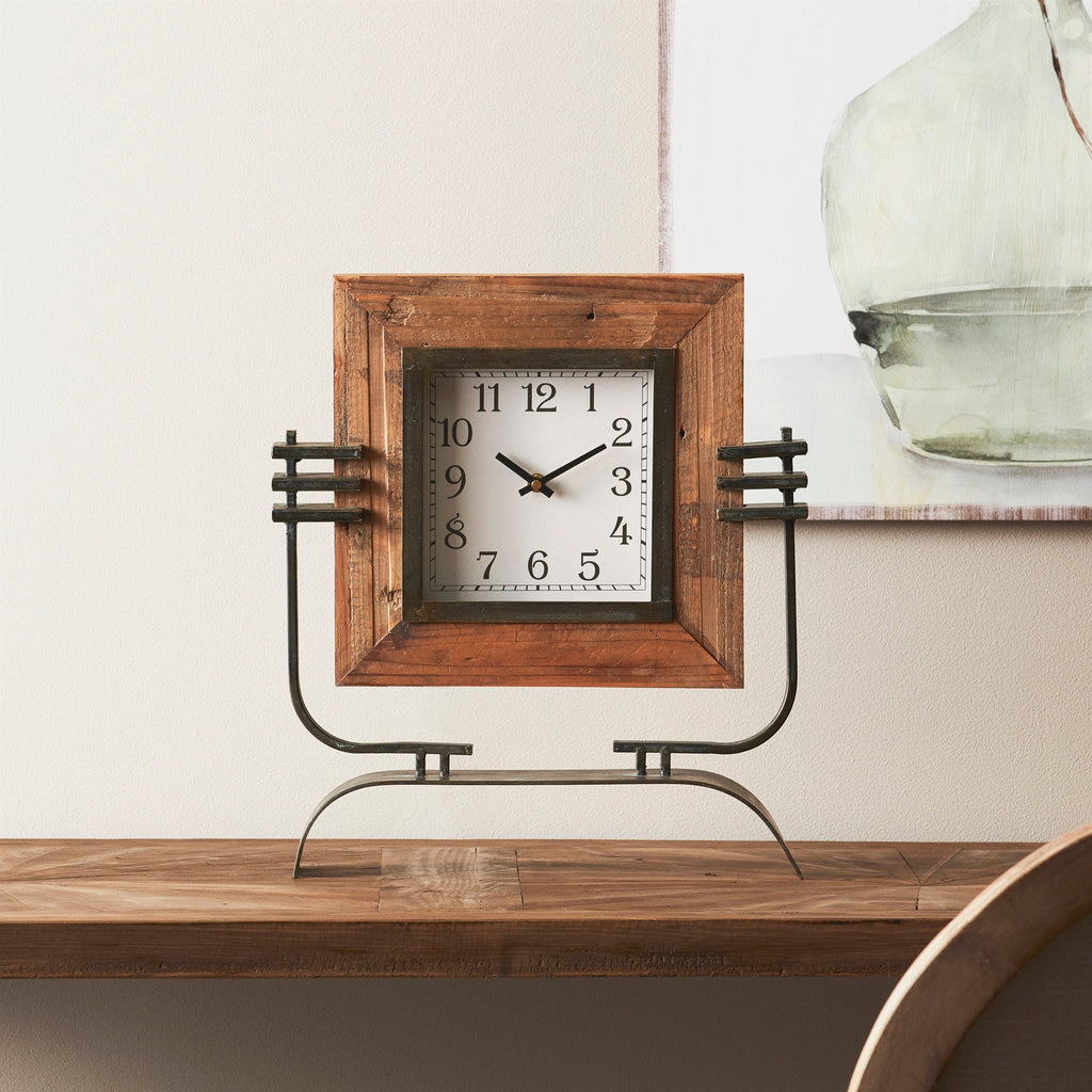 Wood Square Clock on Rustic Metal Stand 17.5"H SpadezStore