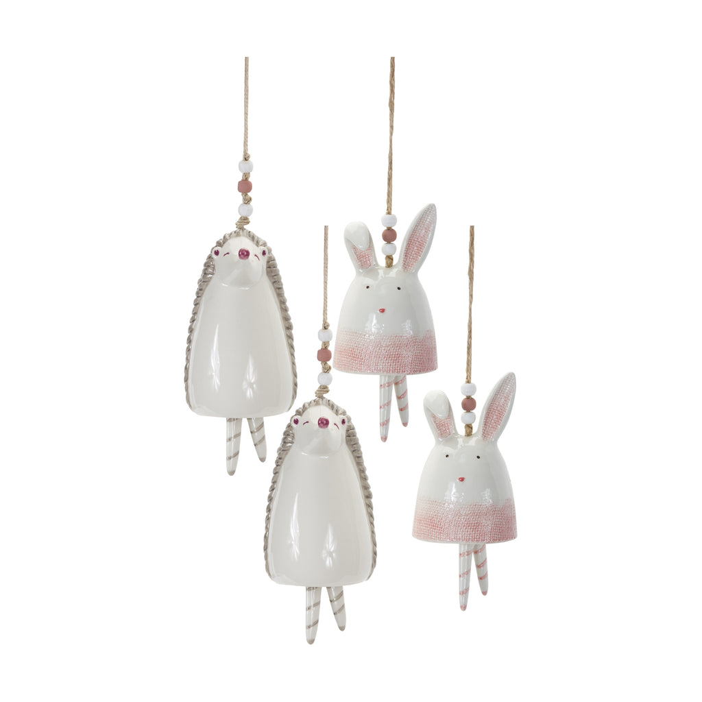 Blush Bunny and Hedgehog Bell Hanging Garden Accent Set of 4 SpadezStore