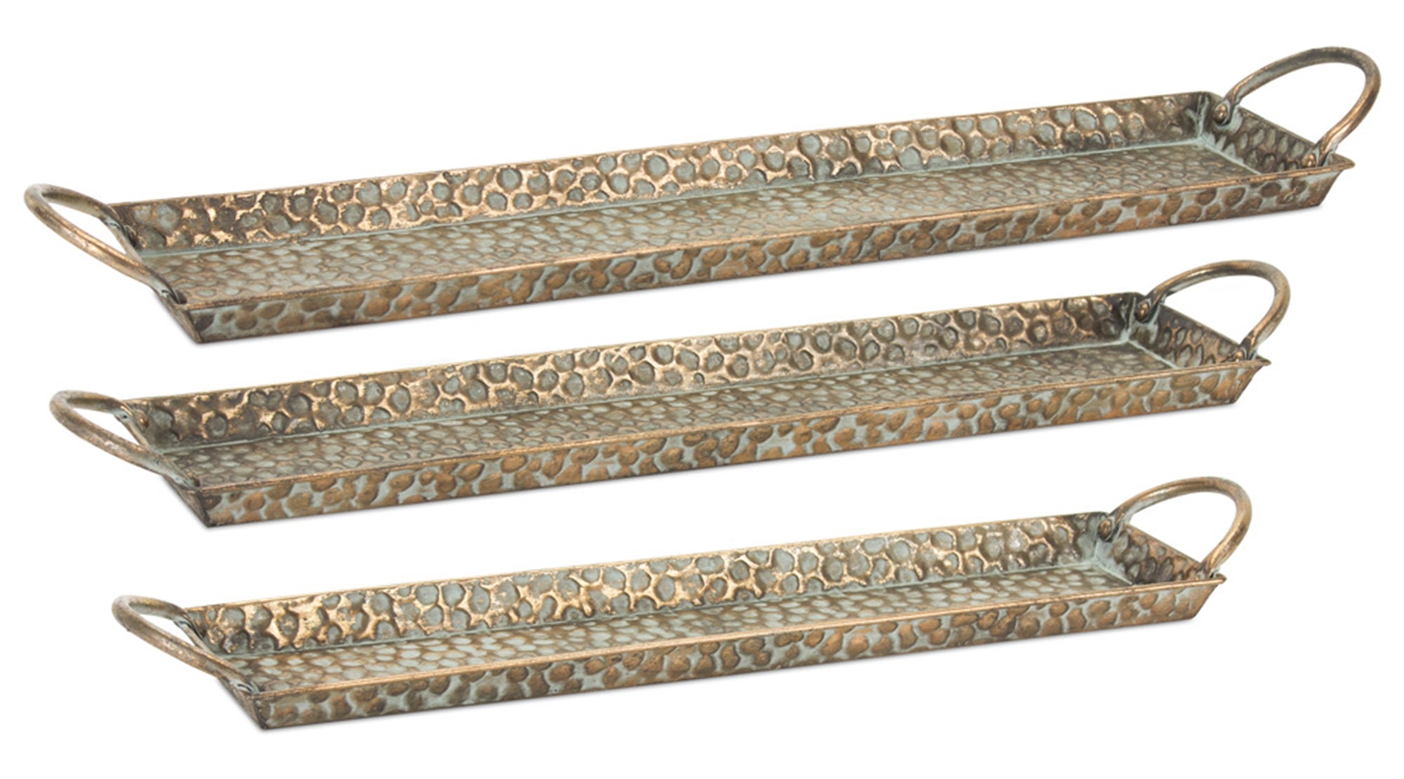Hammered Metal Tray with Washed Finish and Handles Set of 3 SpadezStore