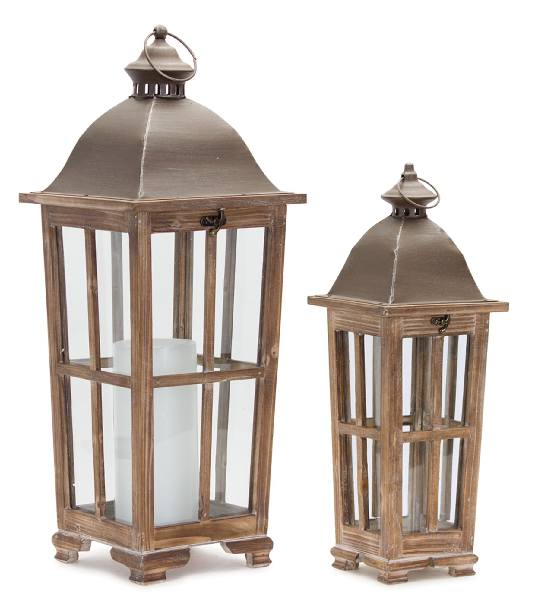Tapered Wood Lantern with Metal Lid Set of 2 SpadezStore