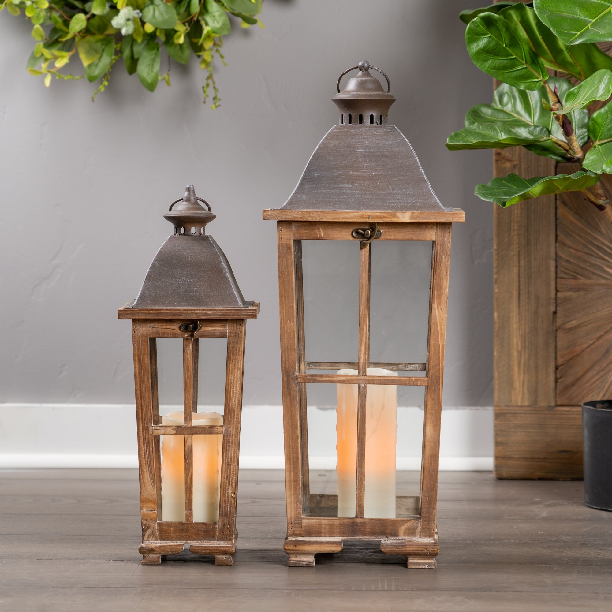 Tapered Wood Lantern with Metal Lid Set of 2 SpadezStore