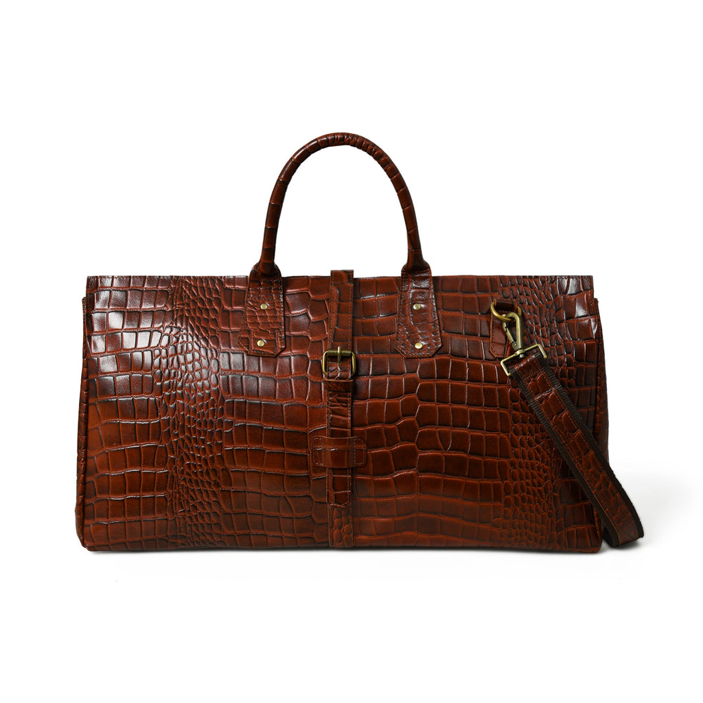 Classy Leather Bags LuxeHide Brown Croco Pattern Duffle SpadezStore