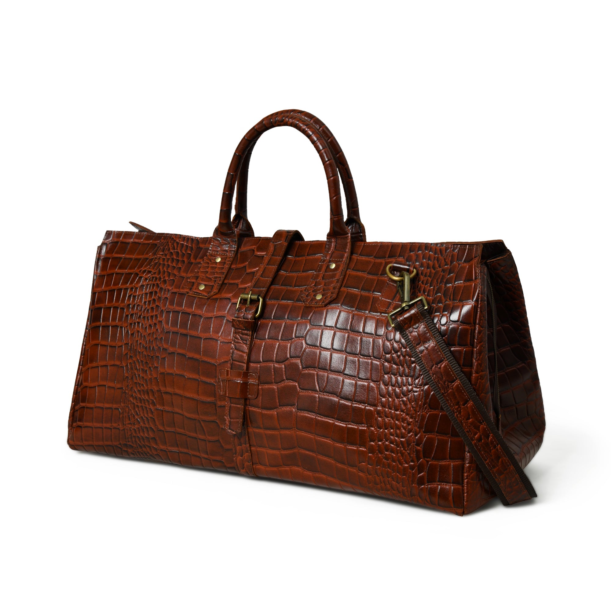 Classy Leather Bags LuxeHide Brown Croco Pattern Duffle SpadezStore