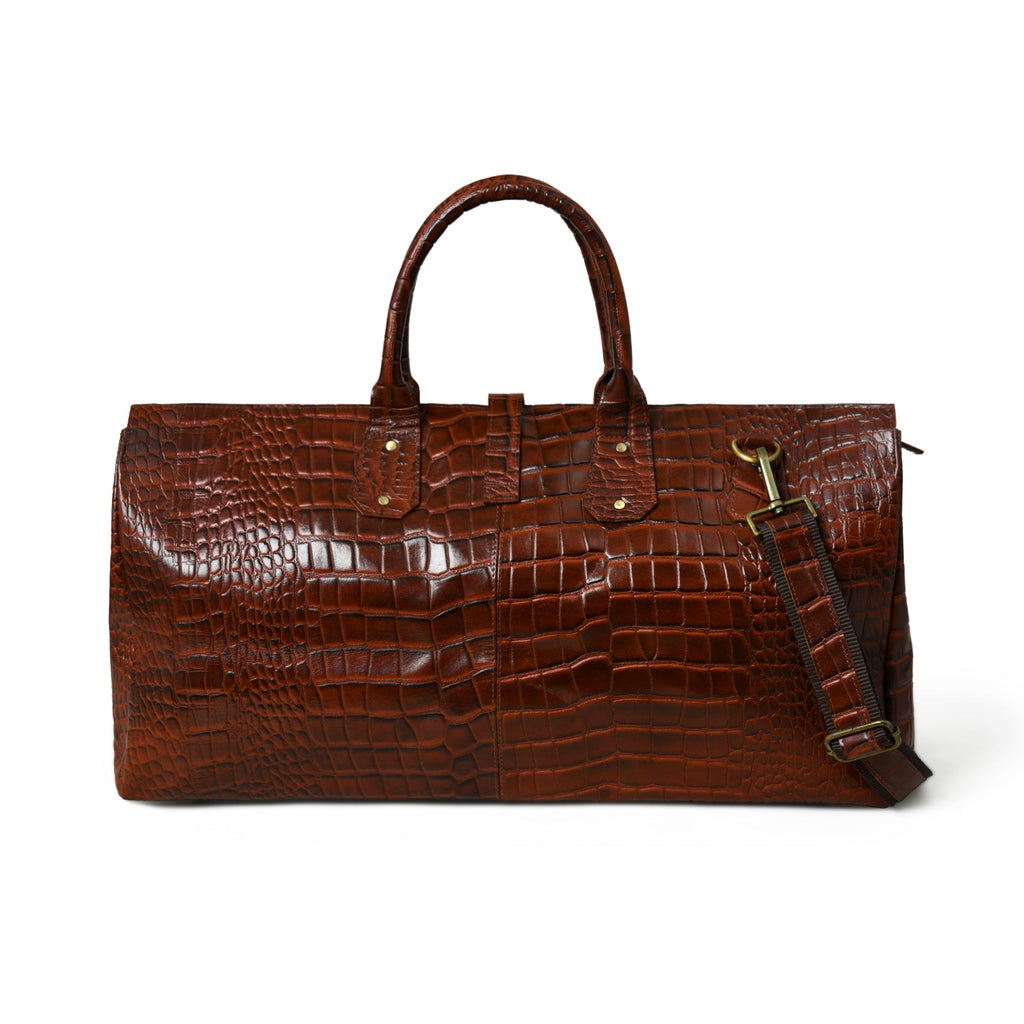 Classy Leather Bags LuxeHide Brown Croco Pattern Duffle SpadezStore