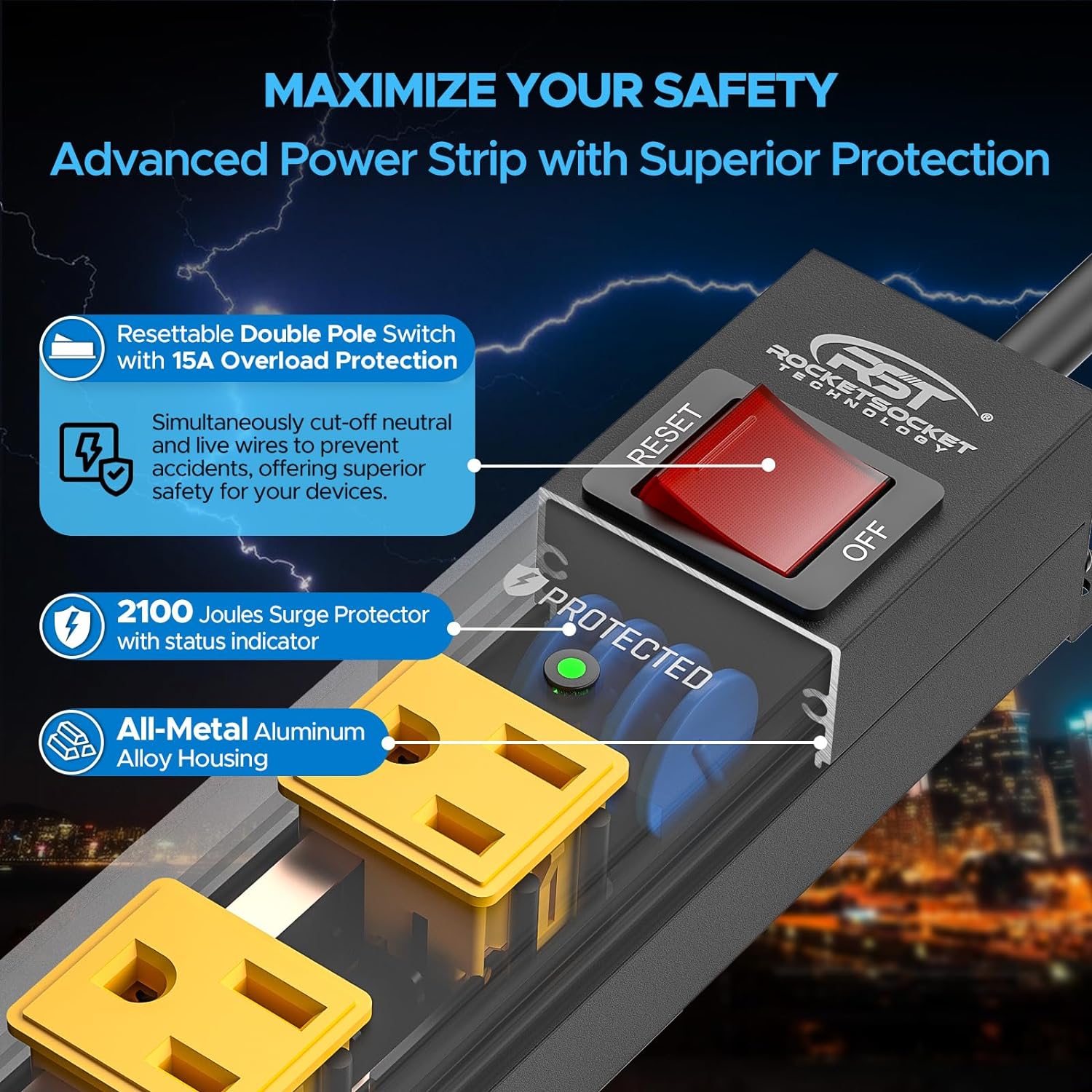 CRST 12 Outlets 2100 Joules Heavy Duty Metal Power Strip Surge Protector, 6FT Extension Power Cord, 15A Circuit Breaker, Mountable SpadezStore