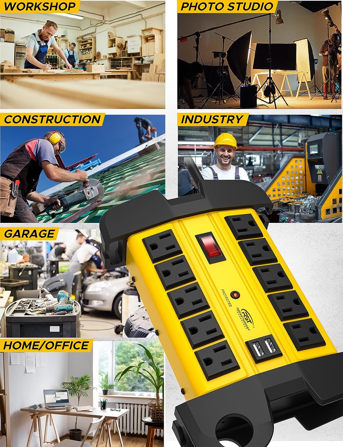 CRST 10 Outlets Dual USB Mountable Heavy Duty Metal Power Strip Surge Protector with Cord Wrapping Design, 15FT Power Cord SpadezStore