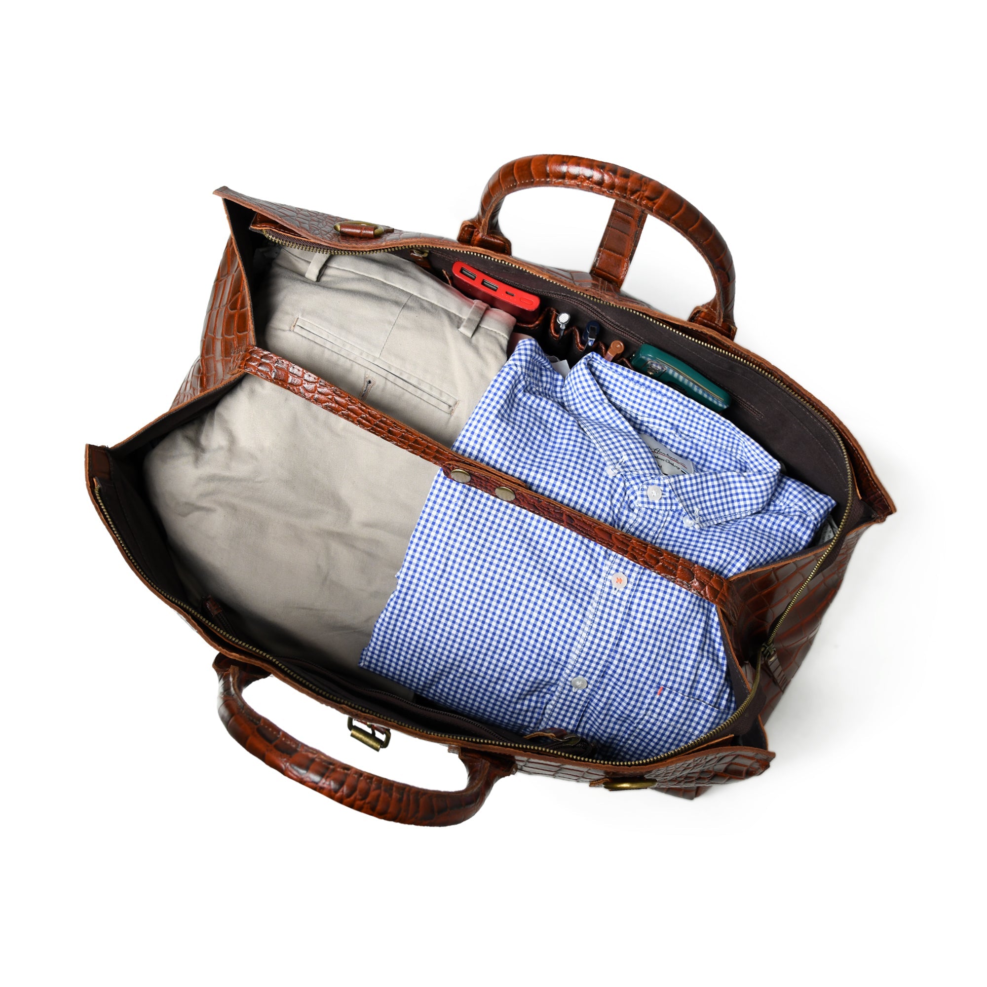 Classy Leather Bags LuxeHide Brown Croco Pattern Duffle SpadezStore