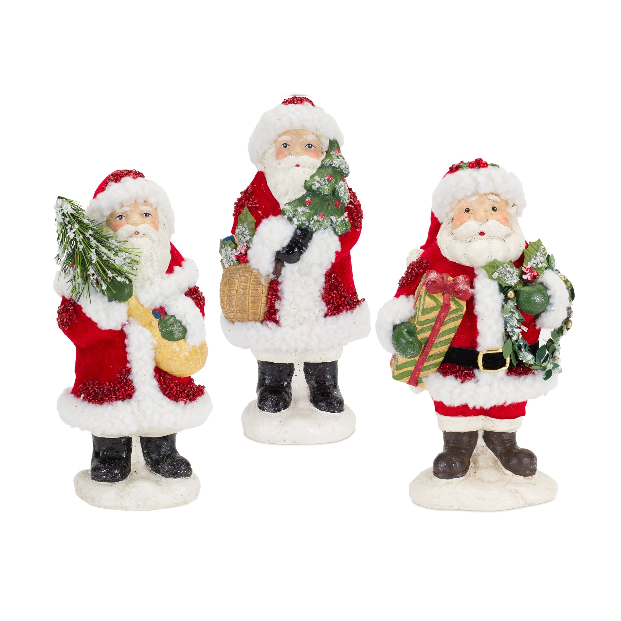 Santa Figurine with Pine Tree and Present Accents Set of 3 SpadezStore