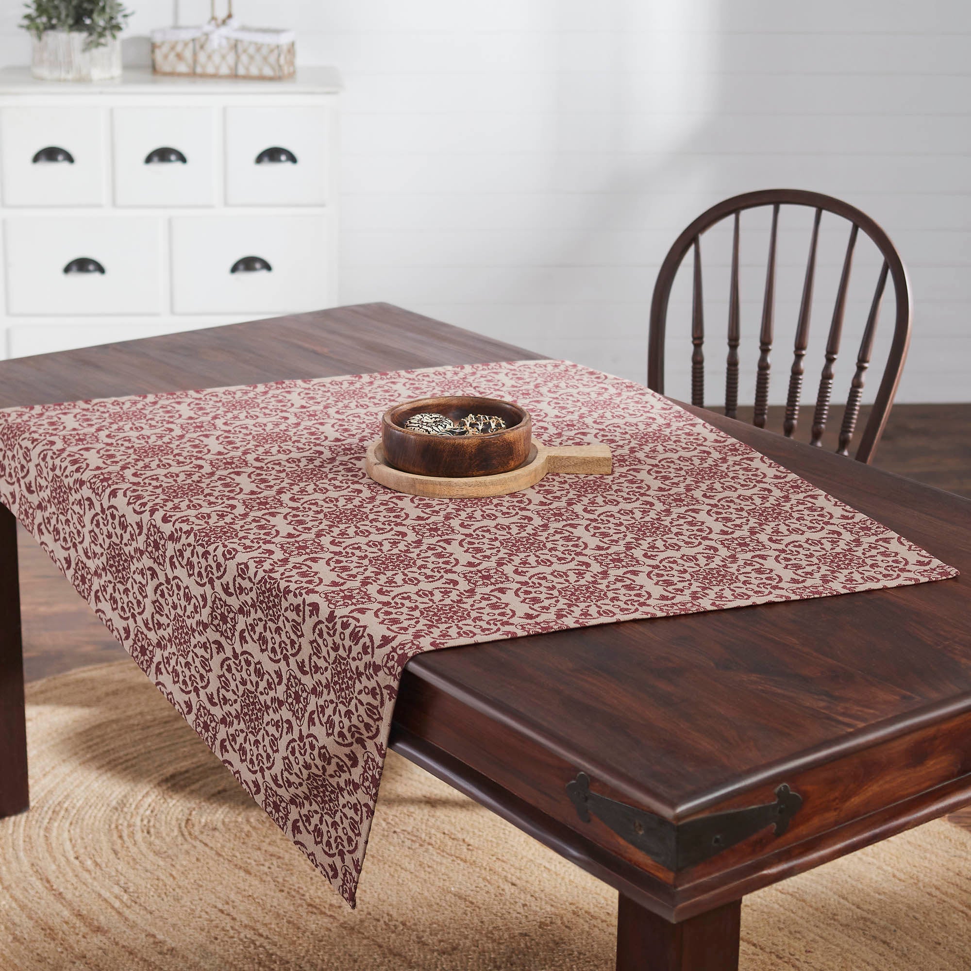 Custom House Burgundy Tan Jacquard Table Topper 42x42 SpadezStore