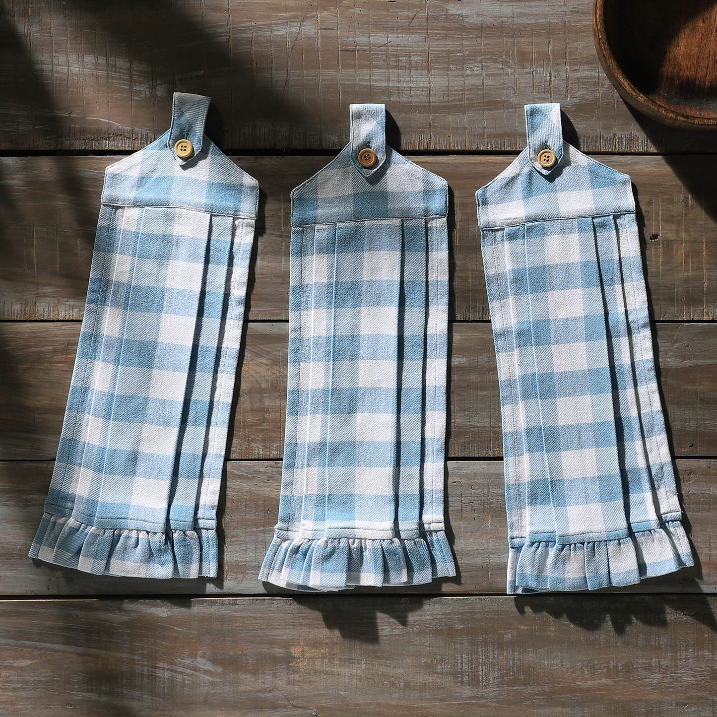 Annie Buffalo Check Blue Button Loop Tea Towel Set of 3 SpadezStore