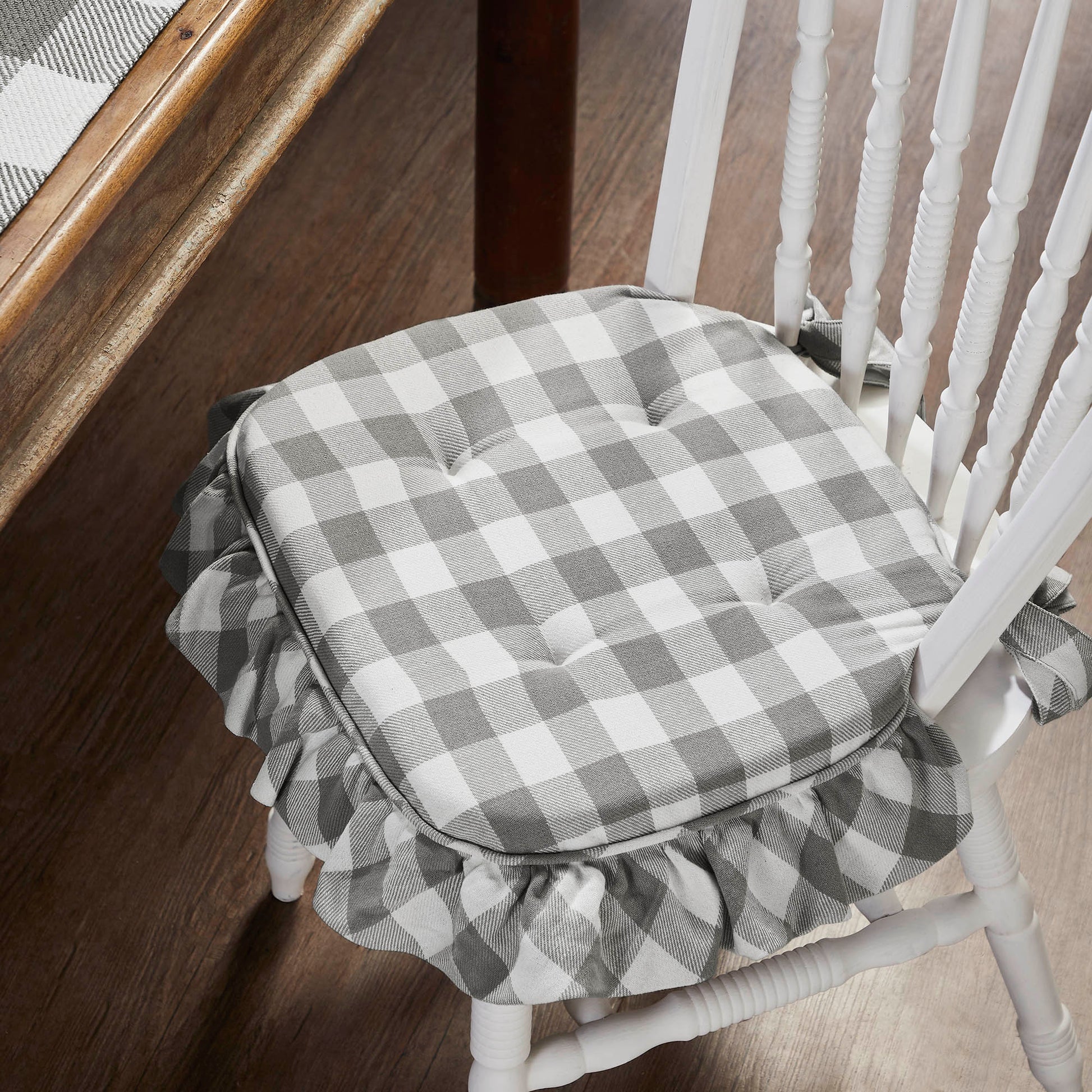 Annie Buffalo Check Grey Ruffled Chair Pad 16.5x18 SpadezStore