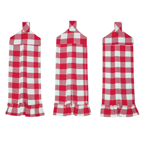 Annie Buffalo Check Red Button Loop Tea Towel Set of 3 SpadezStore