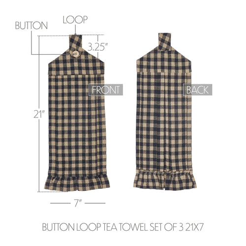 Black Check Button Loop Tea Towel Set of 3 SpadezStore