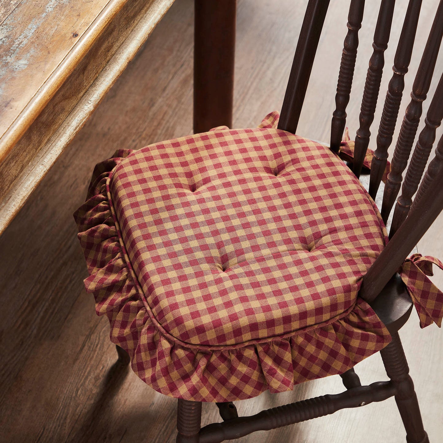 Burgundy Check Ruffled Chair Pad 16.5x18 SpadezStore