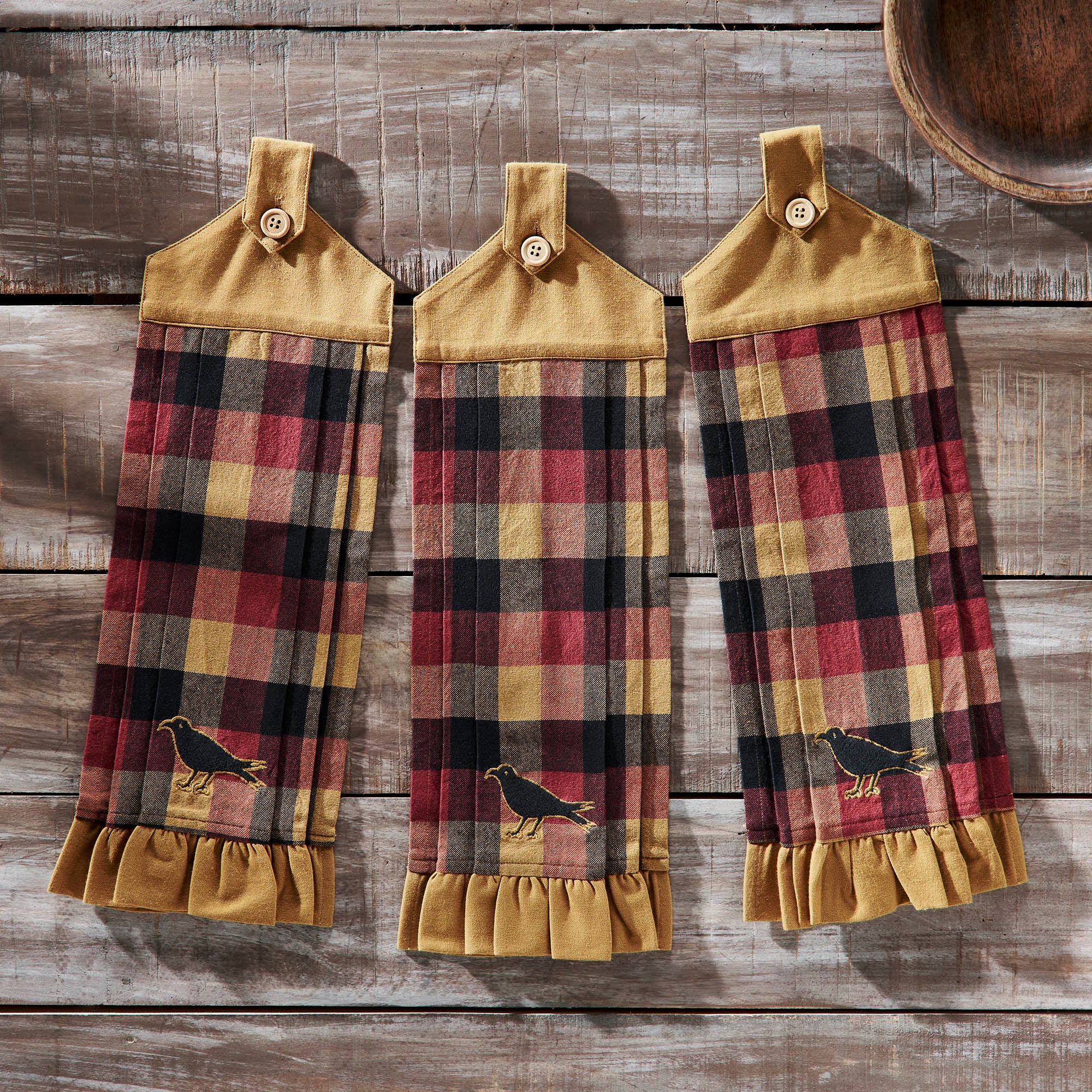 Heritage Farms Primitive Check Button Loop Tea Towel Set of 3 SpadezStore