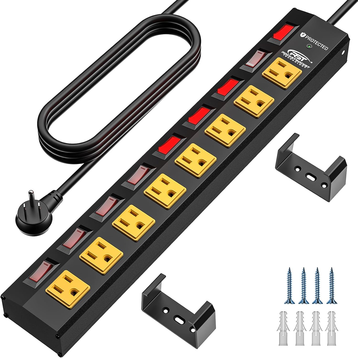 Rocket Socket Technology CRST 8 Outlet Heavy Duty Power Strip with Individual Switches, 15A/1875W Metal Power Strip Surge Protector with Circuit Breaker 1200 Joules , 6FT Extension Cord and Mountable Kits SpadezStore