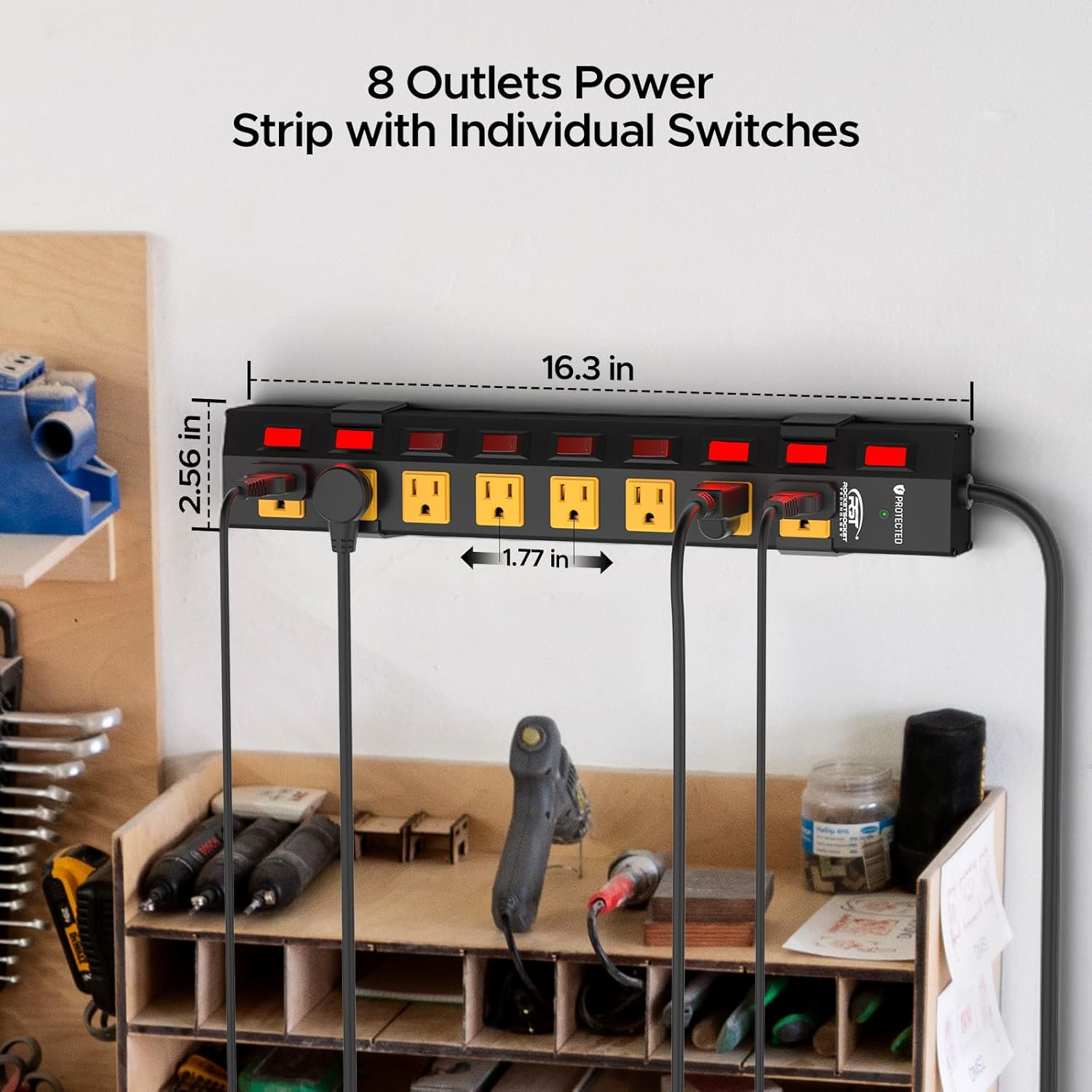 Rocket Socket Technology CRST 8 Outlet Heavy Duty Power Strip with Individual Switches, 15A/1875W Metal Power Strip Surge Protector with Circuit Breaker 1200 Joules , 6FT Extension Cord and Mountable Kits SpadezStore