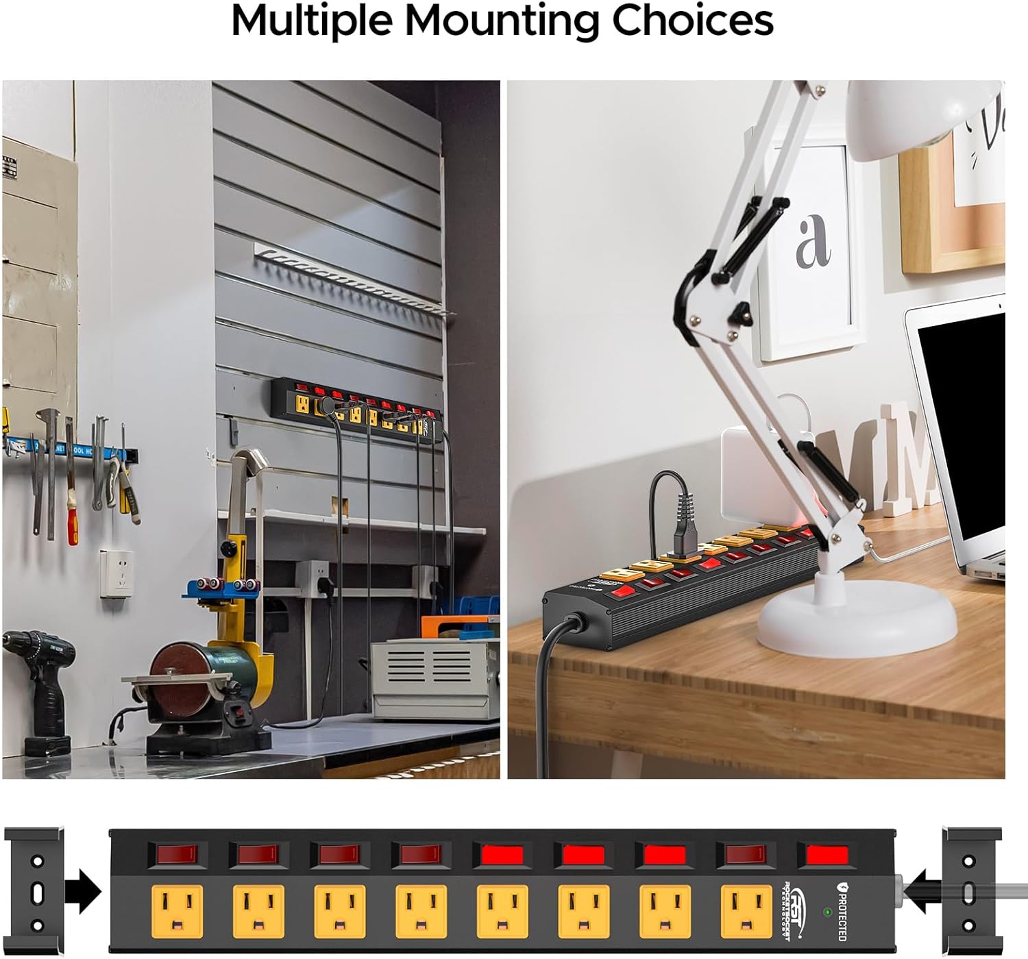 Rocket Socket Technology CRST 8 Outlet Heavy Duty Power Strip with Individual Switches, 15A/1875W Metal Power Strip Surge Protector with Circuit Breaker 1200 Joules , 6FT Extension Cord and Mountable Kits SpadezStore