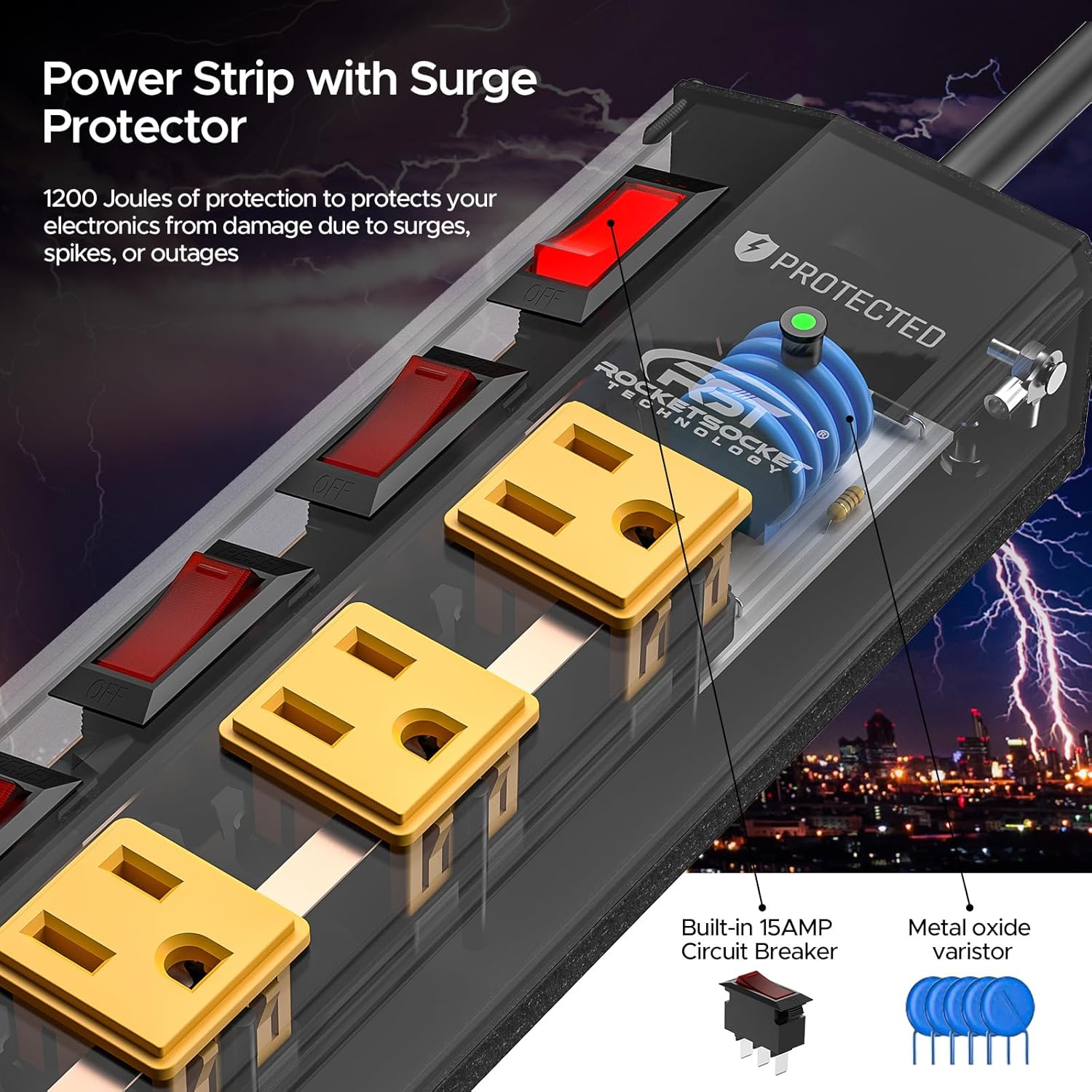 Rocket Socket Technology CRST 8 Outlet Heavy Duty Power Strip with Individual Switches, 15A/1875W Metal Power Strip Surge Protector with Circuit Breaker 1200 Joules , 6FT Extension Cord and Mountable Kits SpadezStore