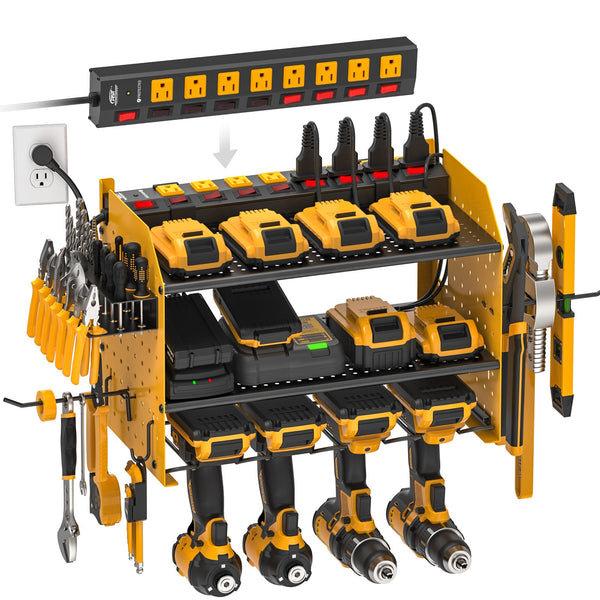 Rocket Socket Technology 3 Layers Power Tool Organizer Wall Mount with Charging Station, Garage Tool Storage Rack Shelf with 8-Outlet Individual Switches Power Strip SpadezStore