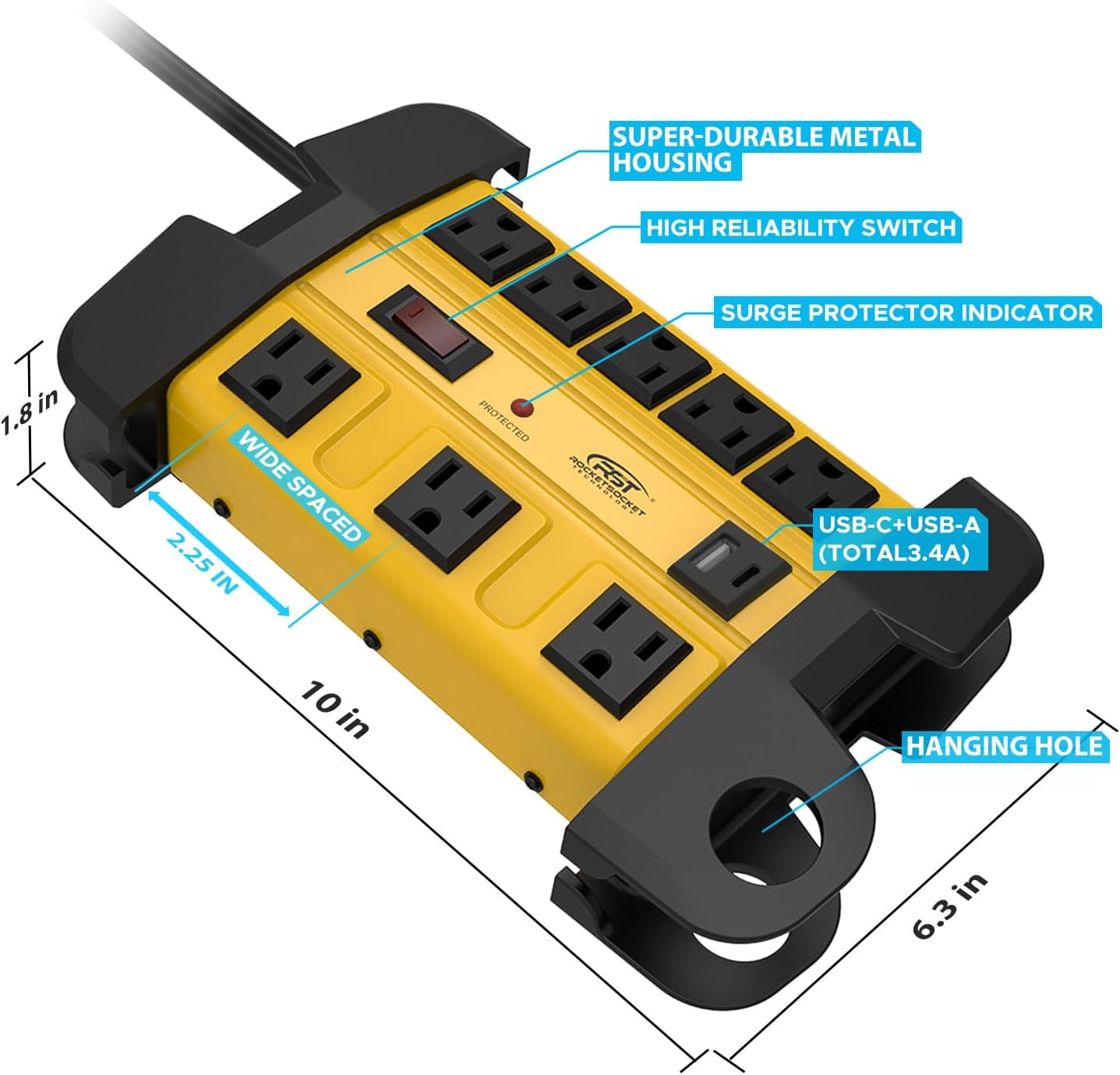 CRST Heavy Duty Surge Protector Power Strip with USB-C Port 8-Outlet Wider Spaced Mountable Metal Power Bar with Long Extension Cord 15A Circuit Breaker 1350 Joules Protection SpadezStore