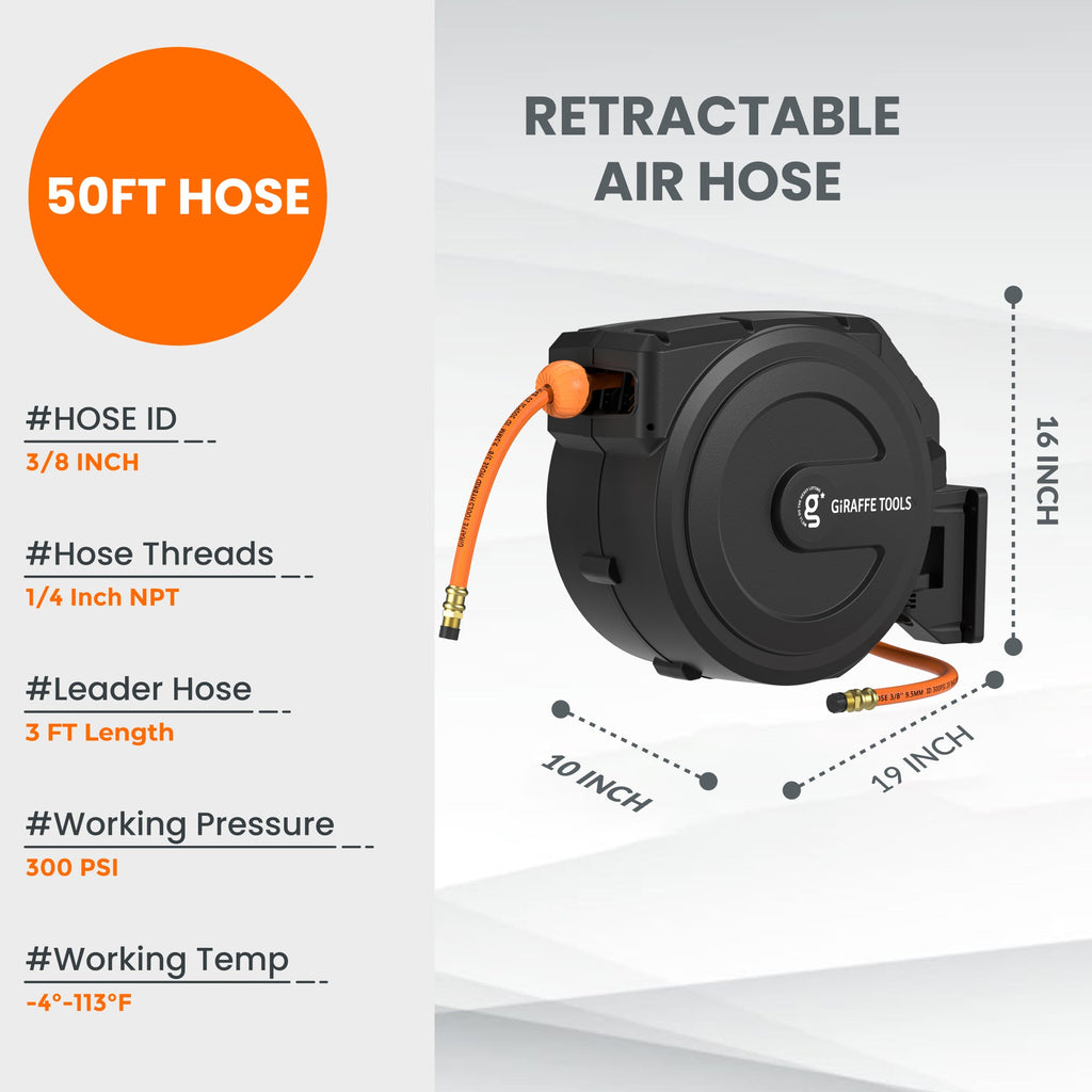 Giraffe Tools Retractable Air Hose Reel-PP Housing-3/8in-50ft SpadezStore