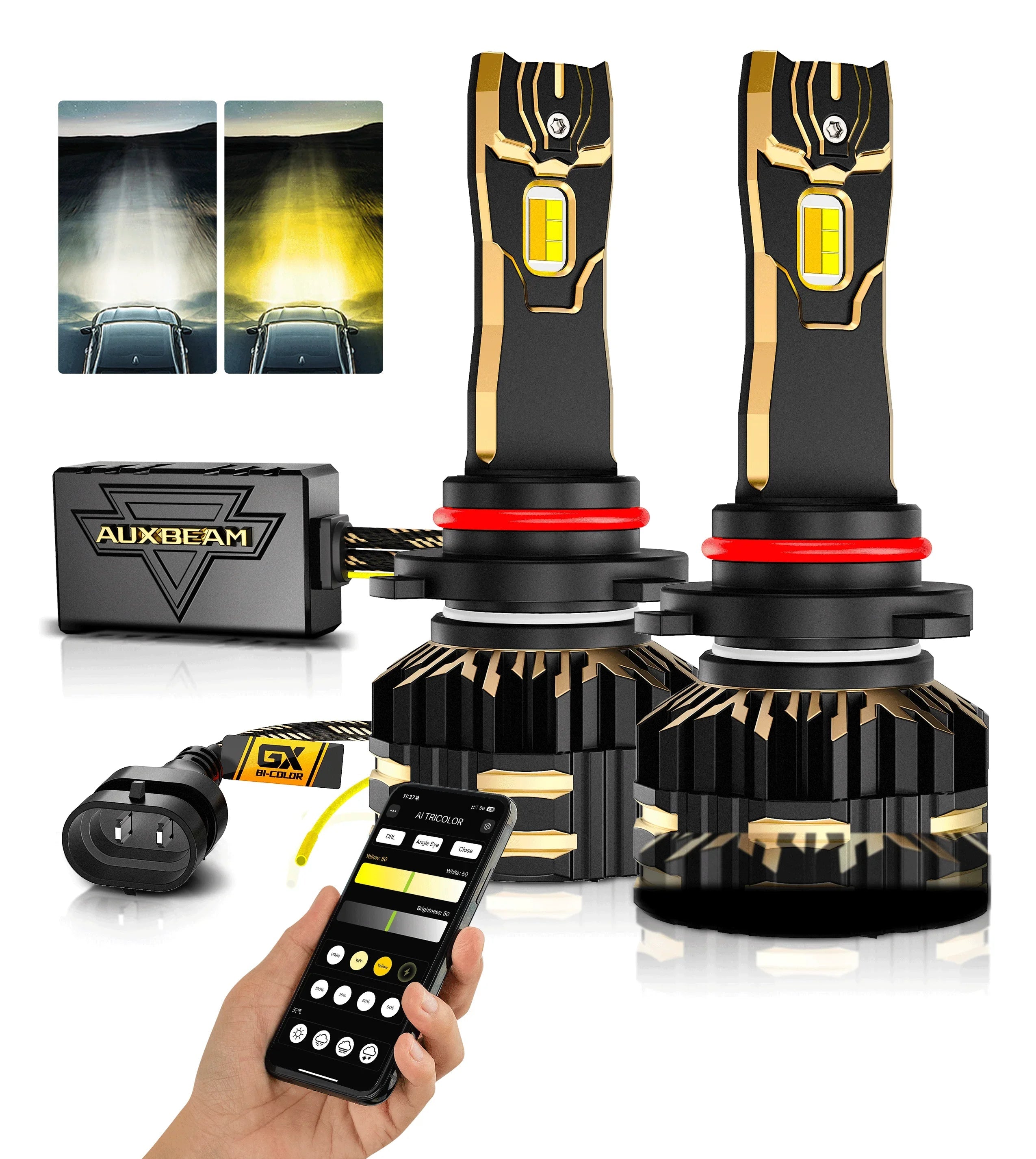 Auxbeam GX Bi-Color Smart Series 25000LM 110W LED Headlight Bulbs, with App Control Via Bluetooth & Dual Color Switchback SpadezStore