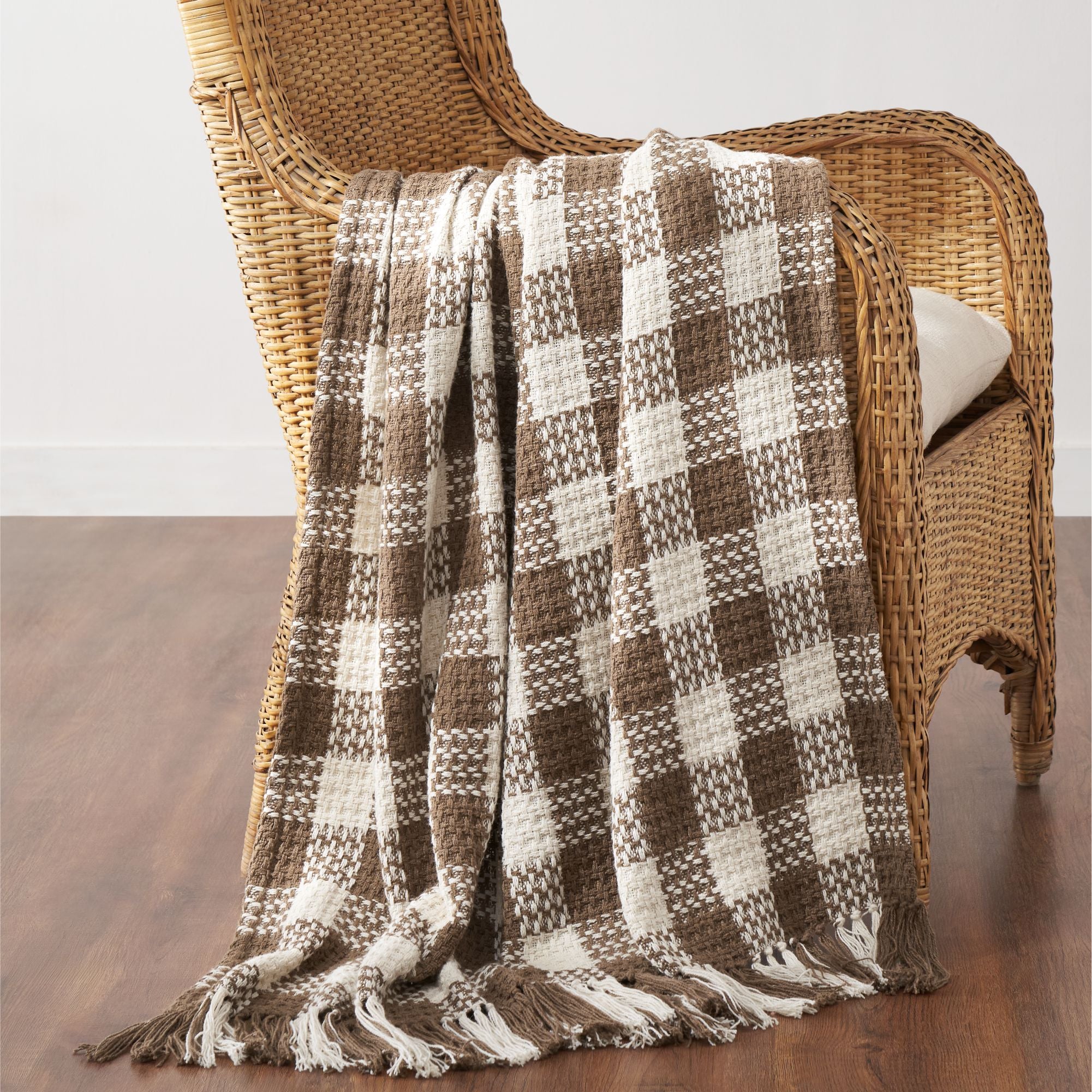 Cocoa Brown Woven Check Throw Blanket with Fringe 50x60 SpadezStore