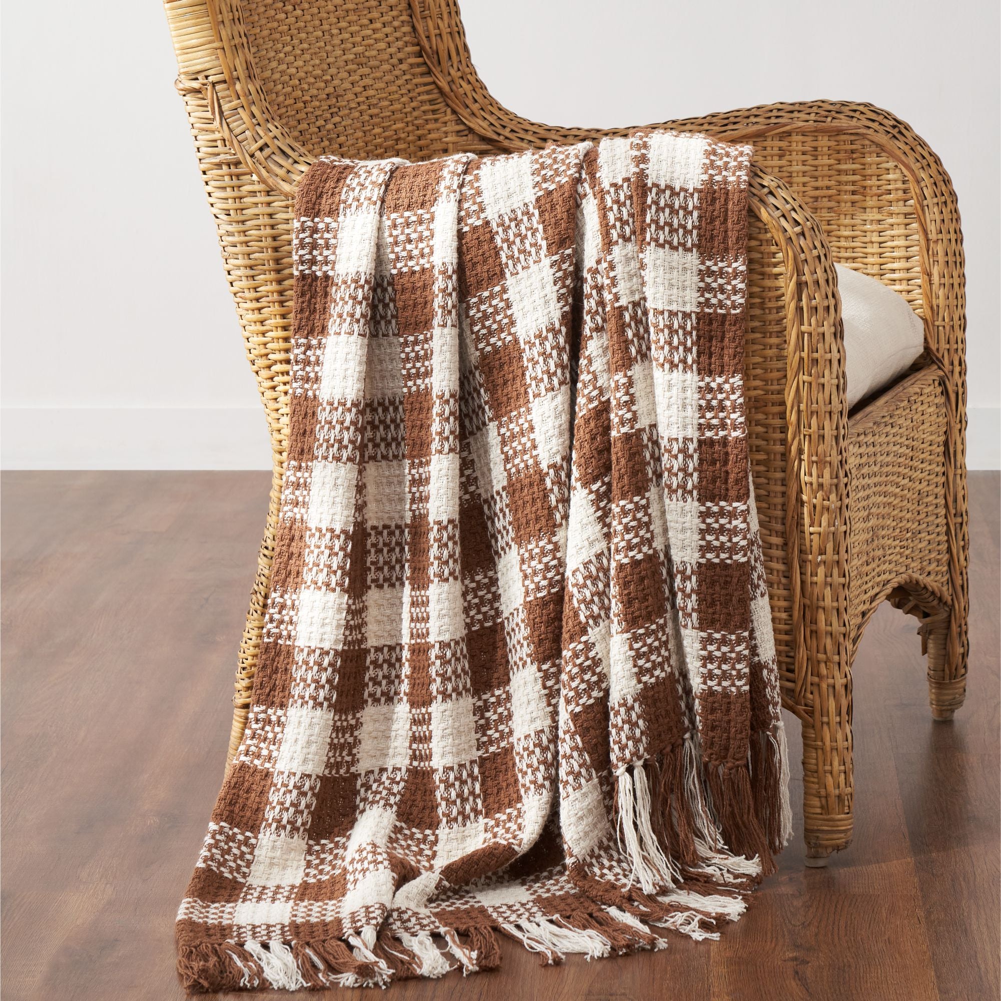 Dark Amber Woven Check Throw Blanket with Fringe 50x60 SpadezStore